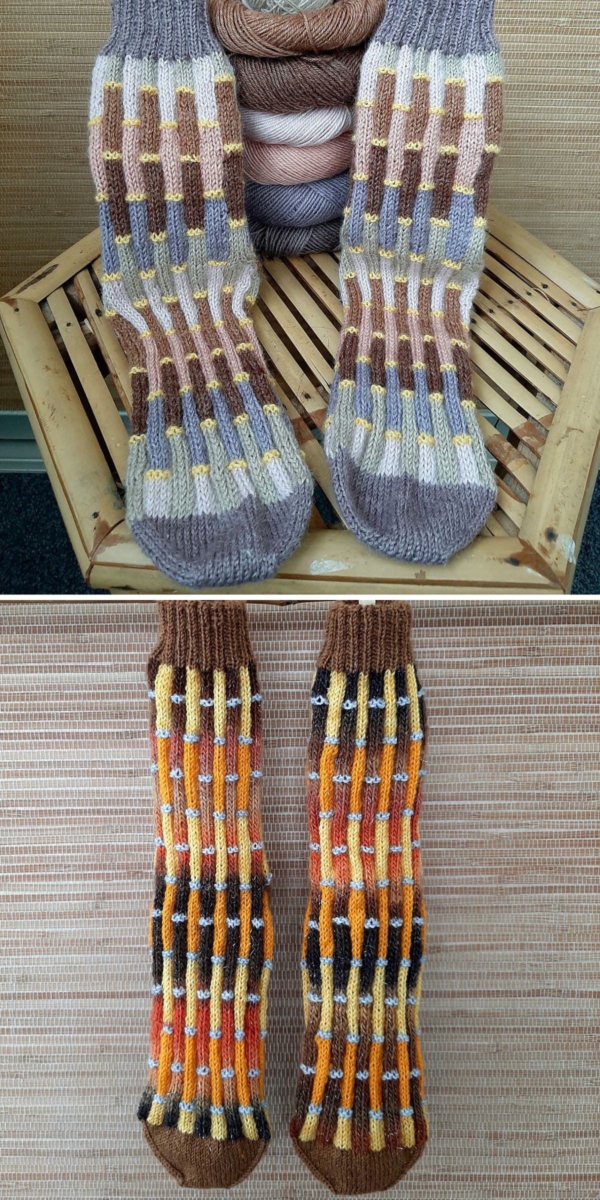 a knitted socks with a textured design that mimics bamboo stems