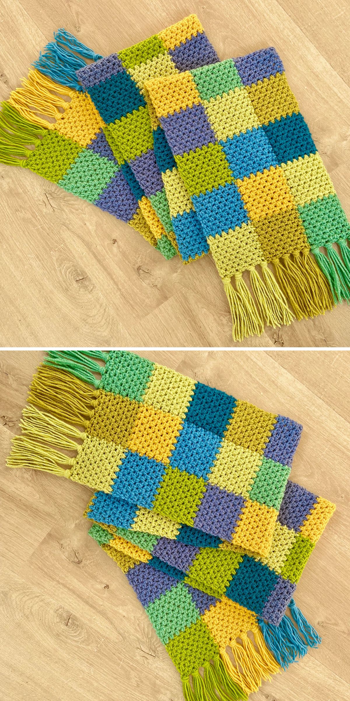 A crocheted scarf with a checkered pattern in yellow, green, blue, and purple squares, finished with fringes, is laid out on a wooden surface—a cozy addition to your Crochet Winter Accessories collection.