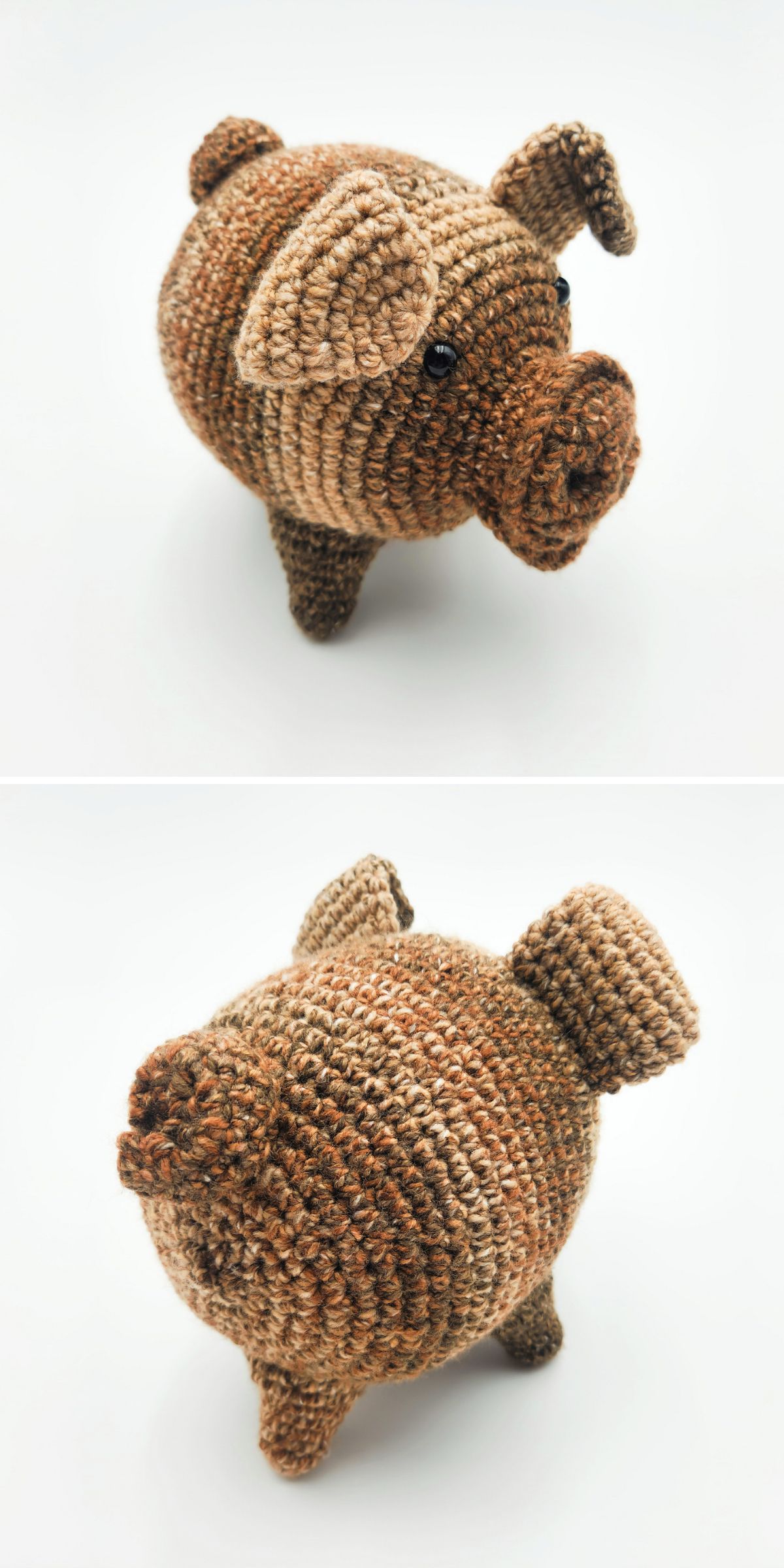 Two photos of an amigurumi pig, crocheted with brown and tan variegated yarn, shown from the front and back on a plain white background.