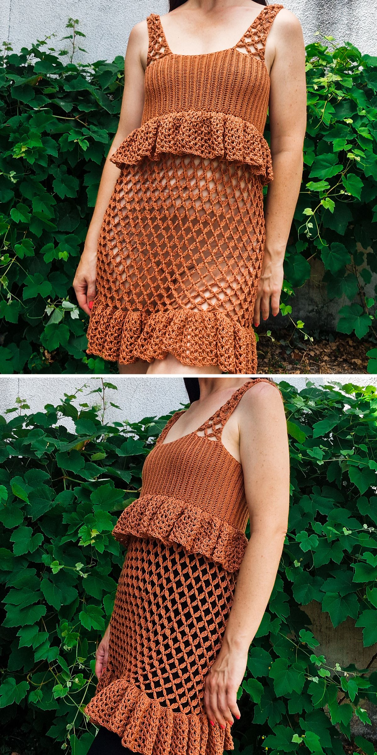 a crochet dress with a see-through bottom pattern