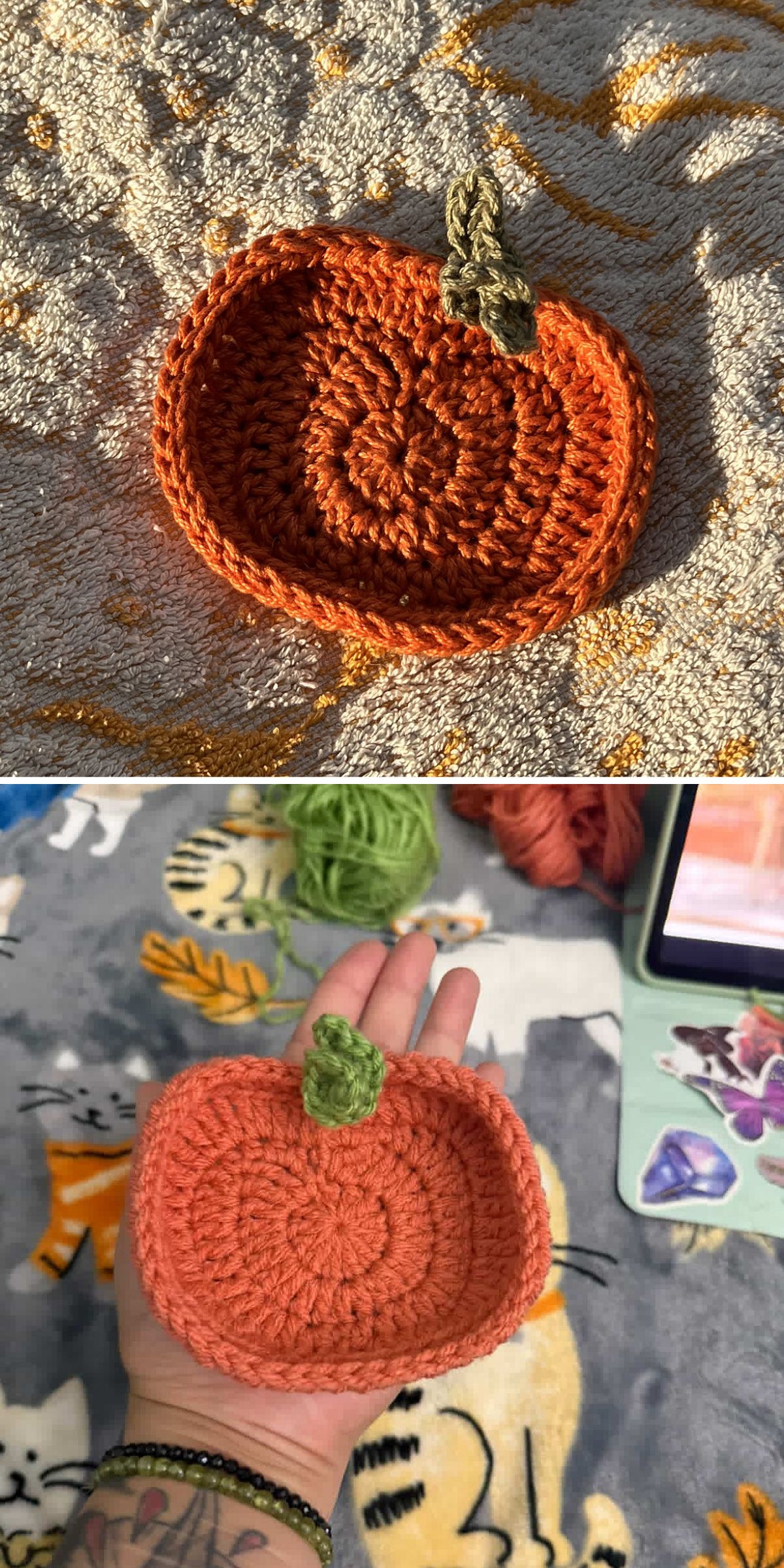 a small crochet pumpkin tray