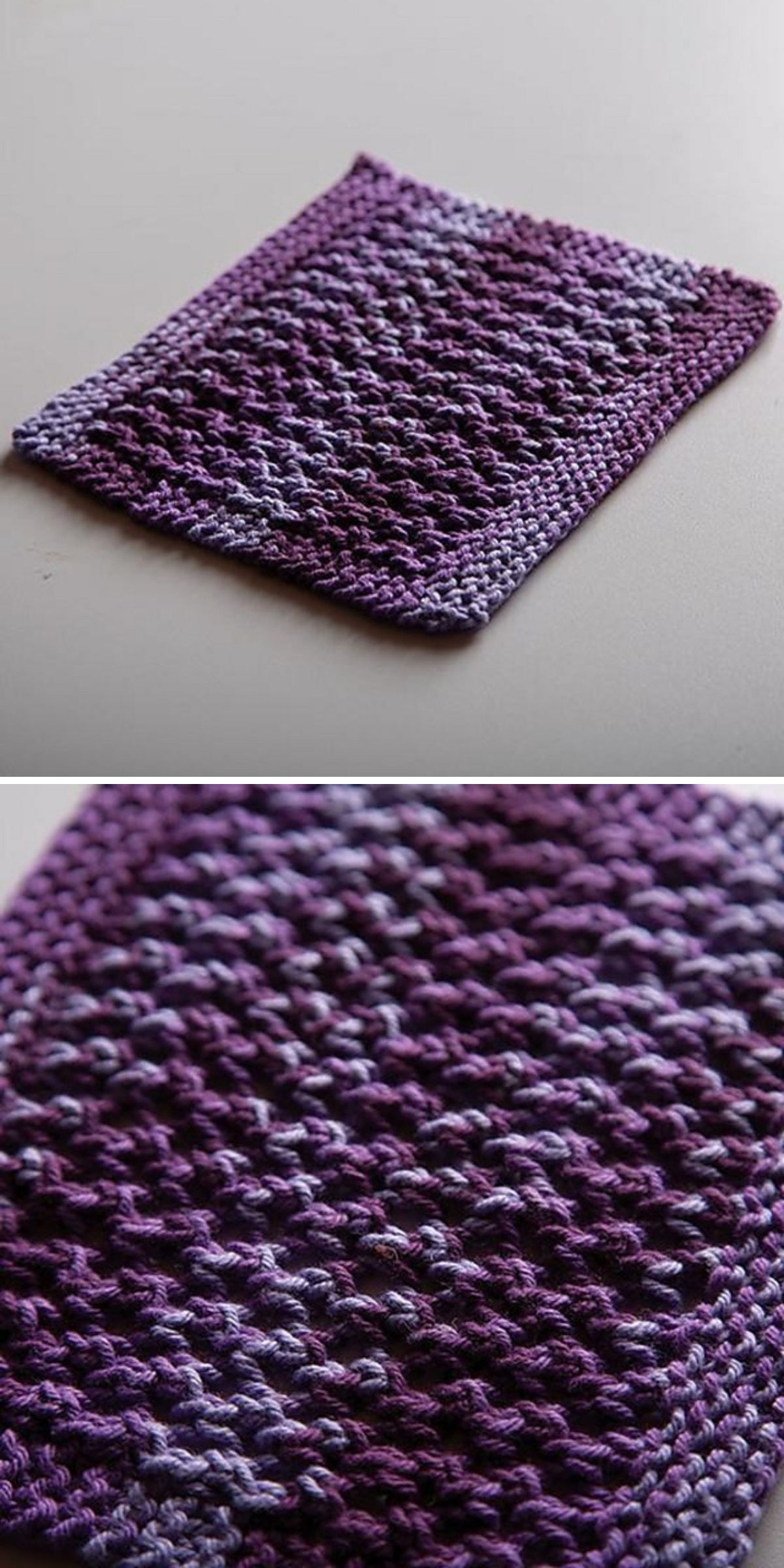 A square, purple and lavender knitted dishcloth is displayed flat on a surface, with both a full view and a close-up that highlights the textured stitches of this handmade kitchen essential.