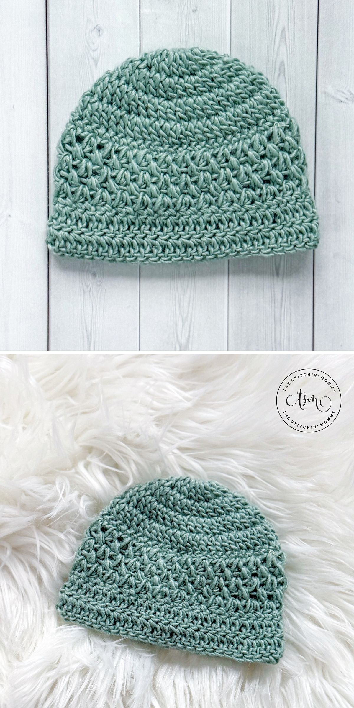 Two photos of a light green crochet baby hat beanie; one displayed on a wooden surface, the other placed on a white fluffy background.