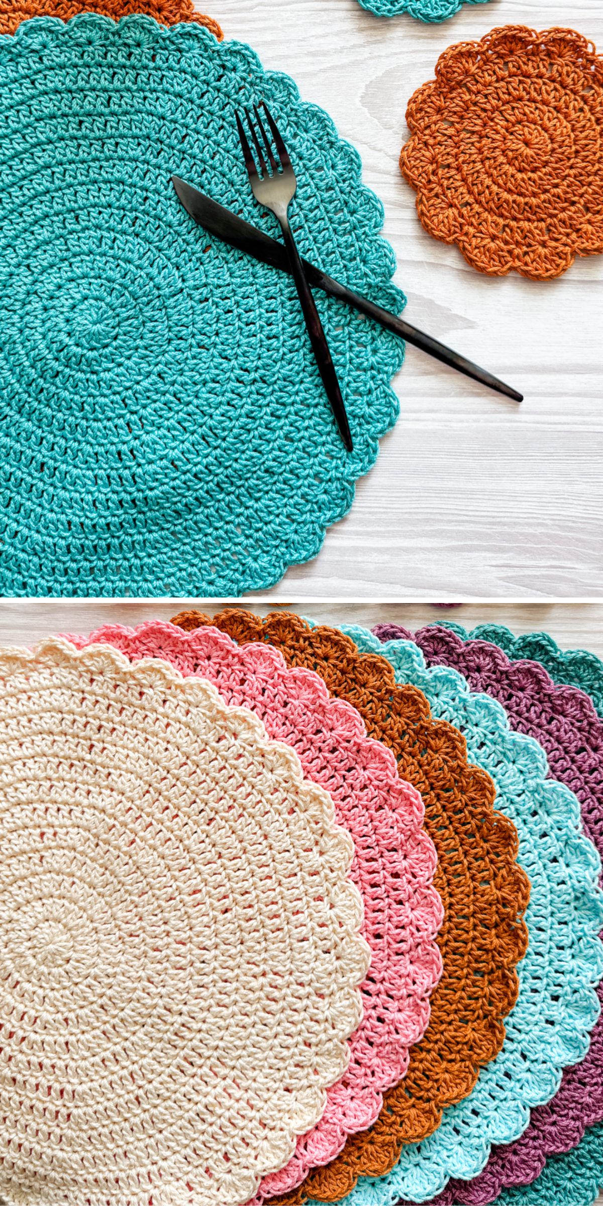 a set of colorful round crochet placemats in different colors