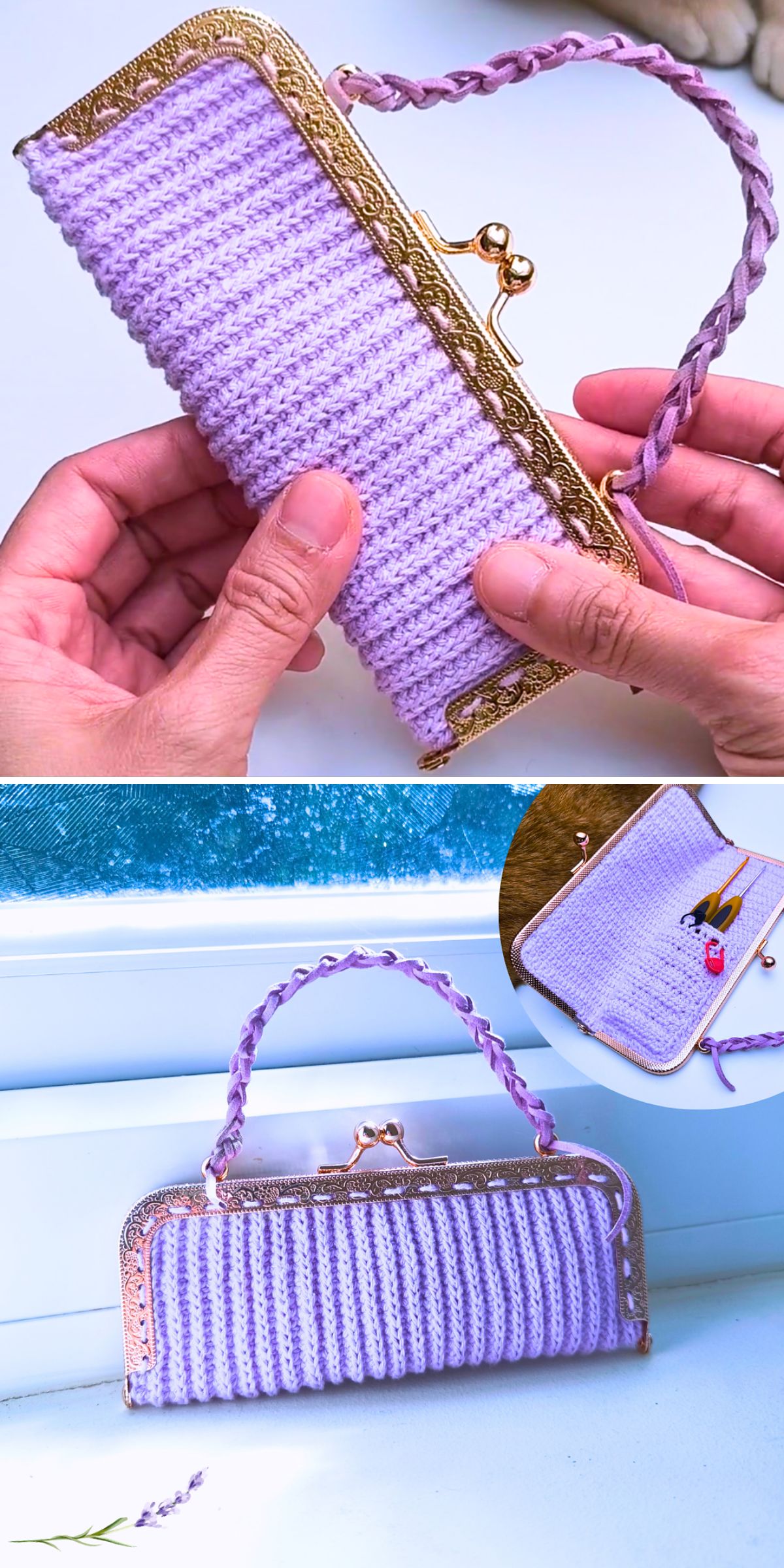 A hand holds a lavender crochet clutch with a gold metal frame and braided handle; the crochet clutch is also shown filled with items and displayed on a surface.