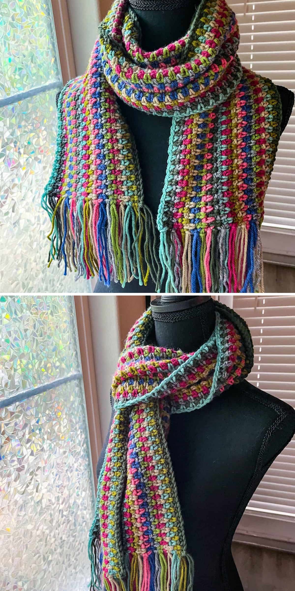 A mannequin displays a multicolored, crocheted scarf with fringe — an inviting piece among Crochet Winter Accessories—shown from different angles near a window with diffused light.