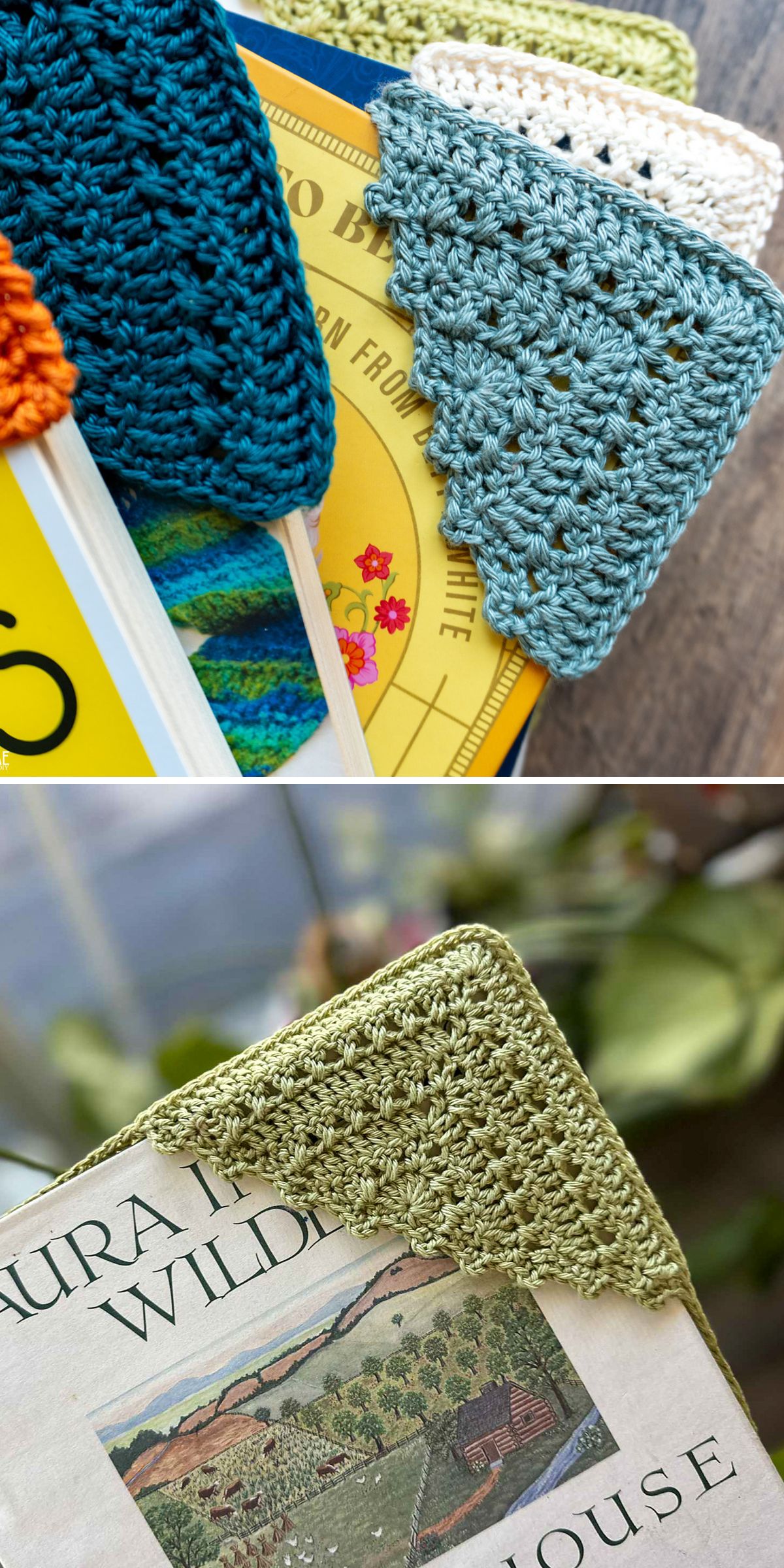 Crochet bookmark designs in various colors are shown placed on the top corners of books in close-up views.