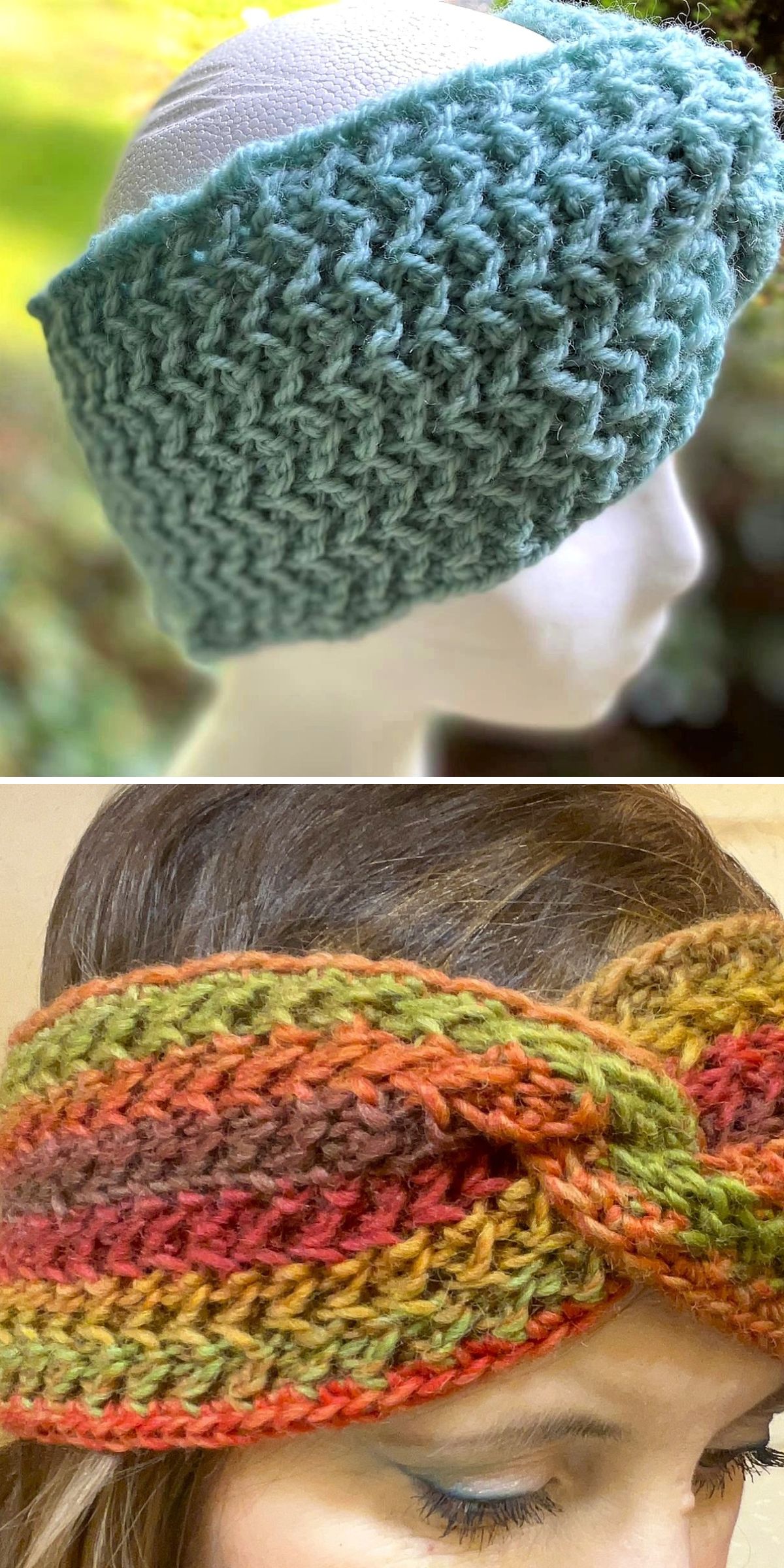 Top: Light blue textured crochet headband on a mannequin. Bottom: Person wearing a multicolored knit headband with green, orange, yellow, and red hues.