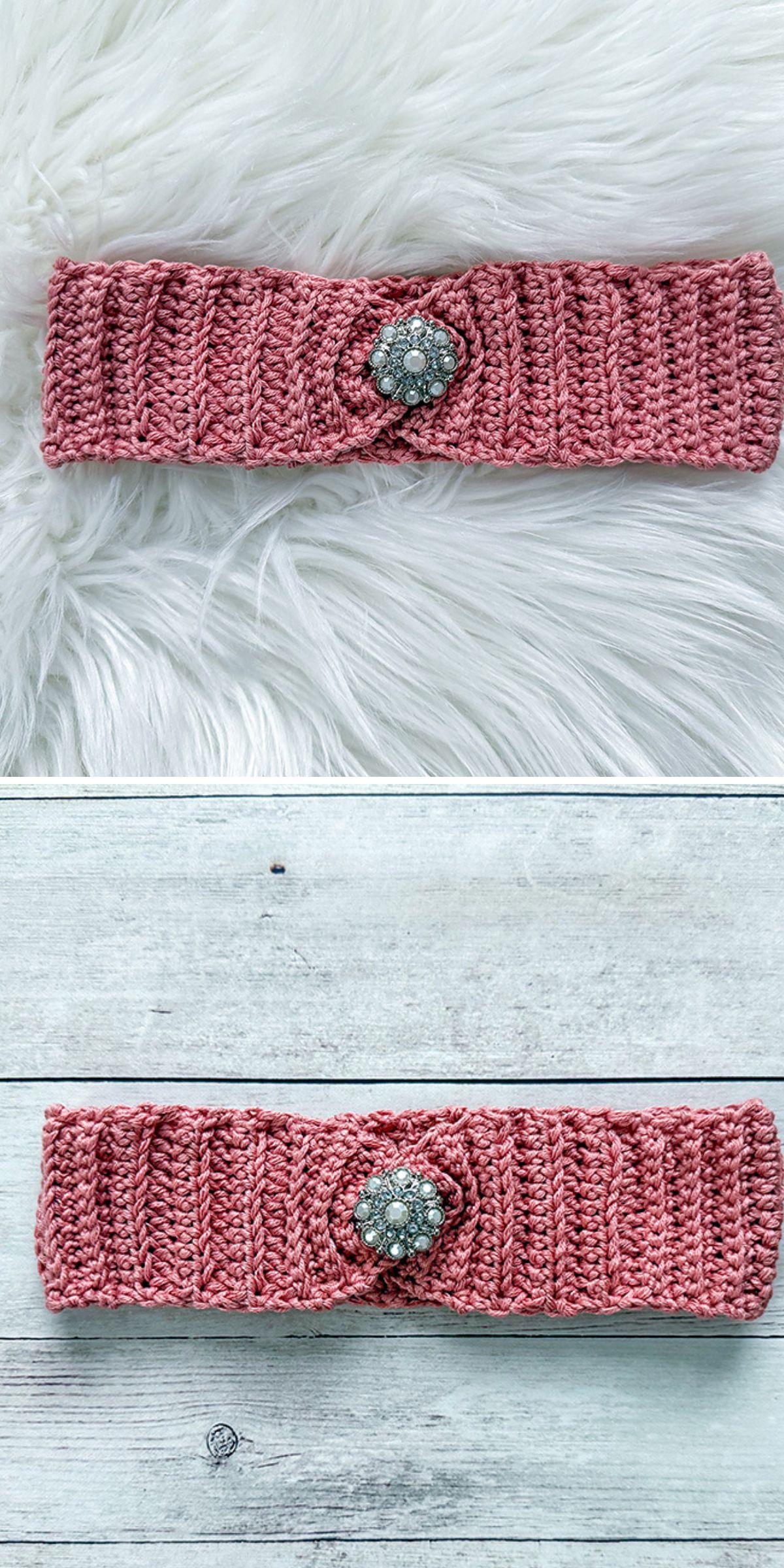A pink crochet headband with a decorative silver and pearl button, shown on a white furry surface and a light wooden background.
