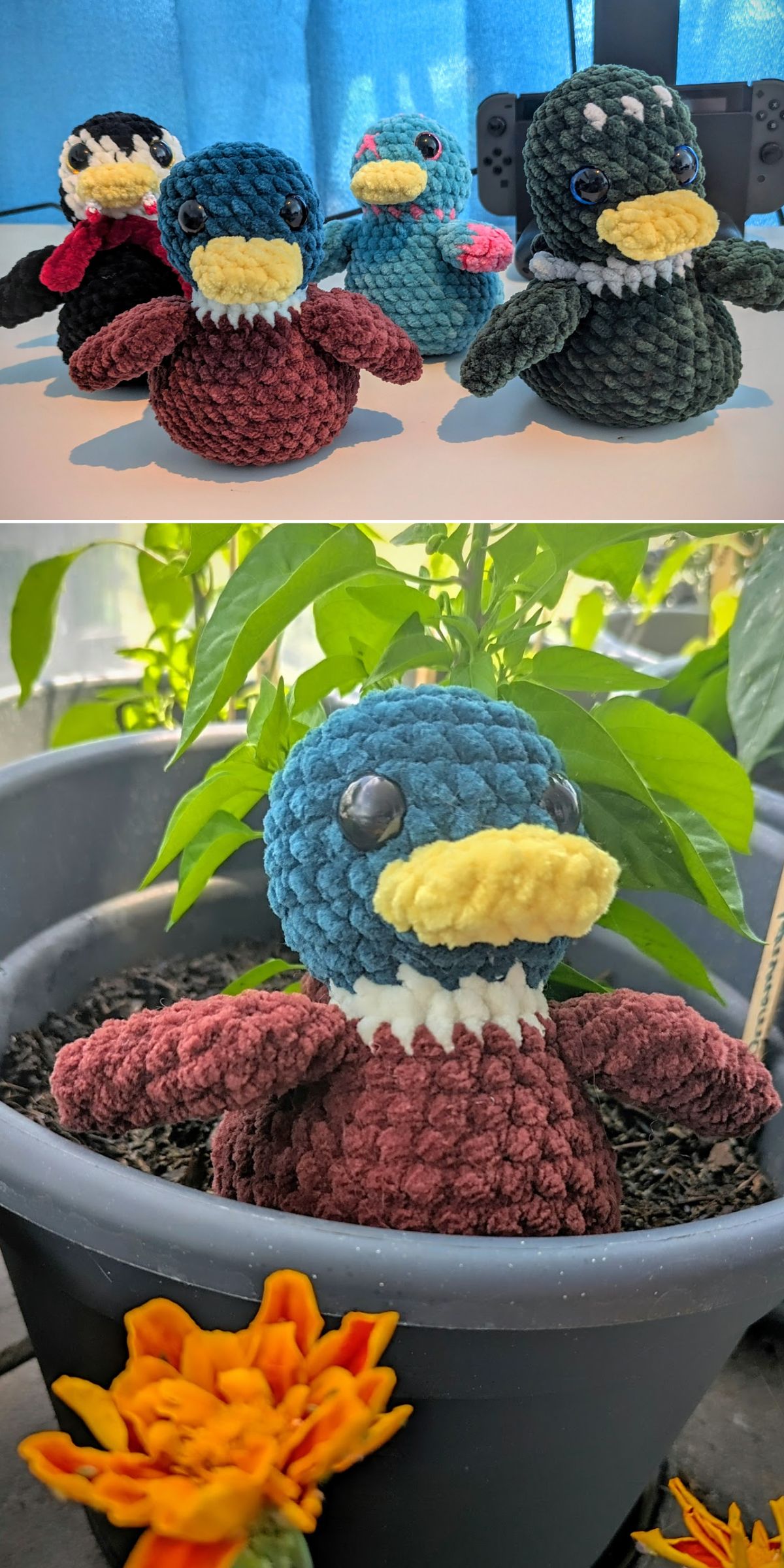 four crochet duck plush toys
