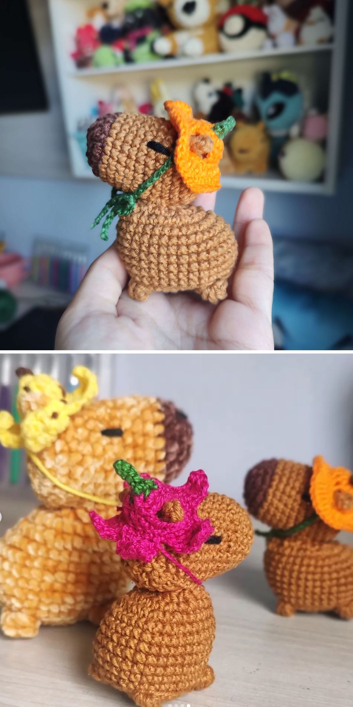 A hand holds a small crochet capybara with an orange flower on its neck; below, three similar crocheted animals, each adorned with colorful flowers, are displayed together.