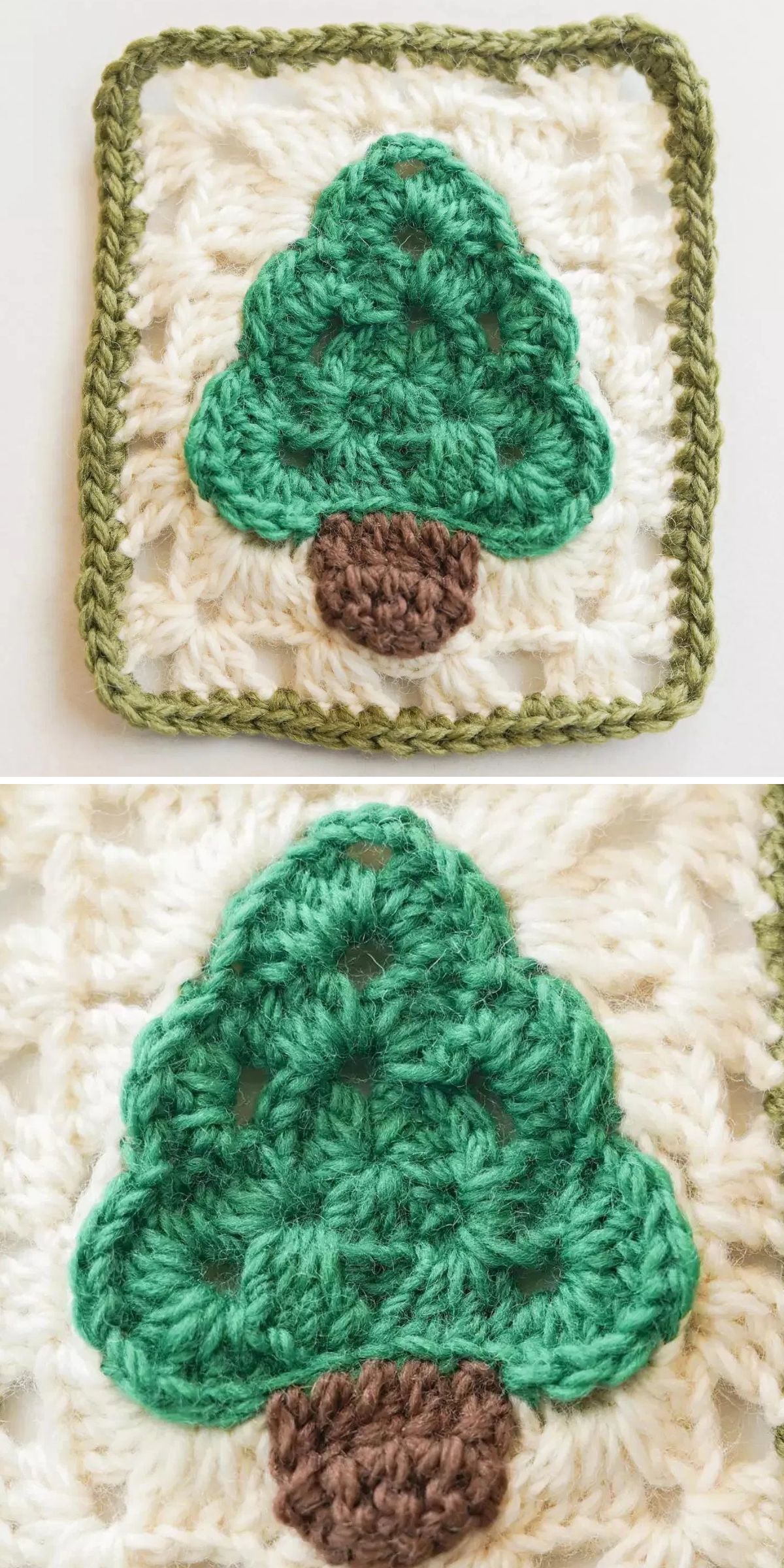 A crocheted granny square featuring a green tree with a brown trunk on a white background, bordered with green yarn.
