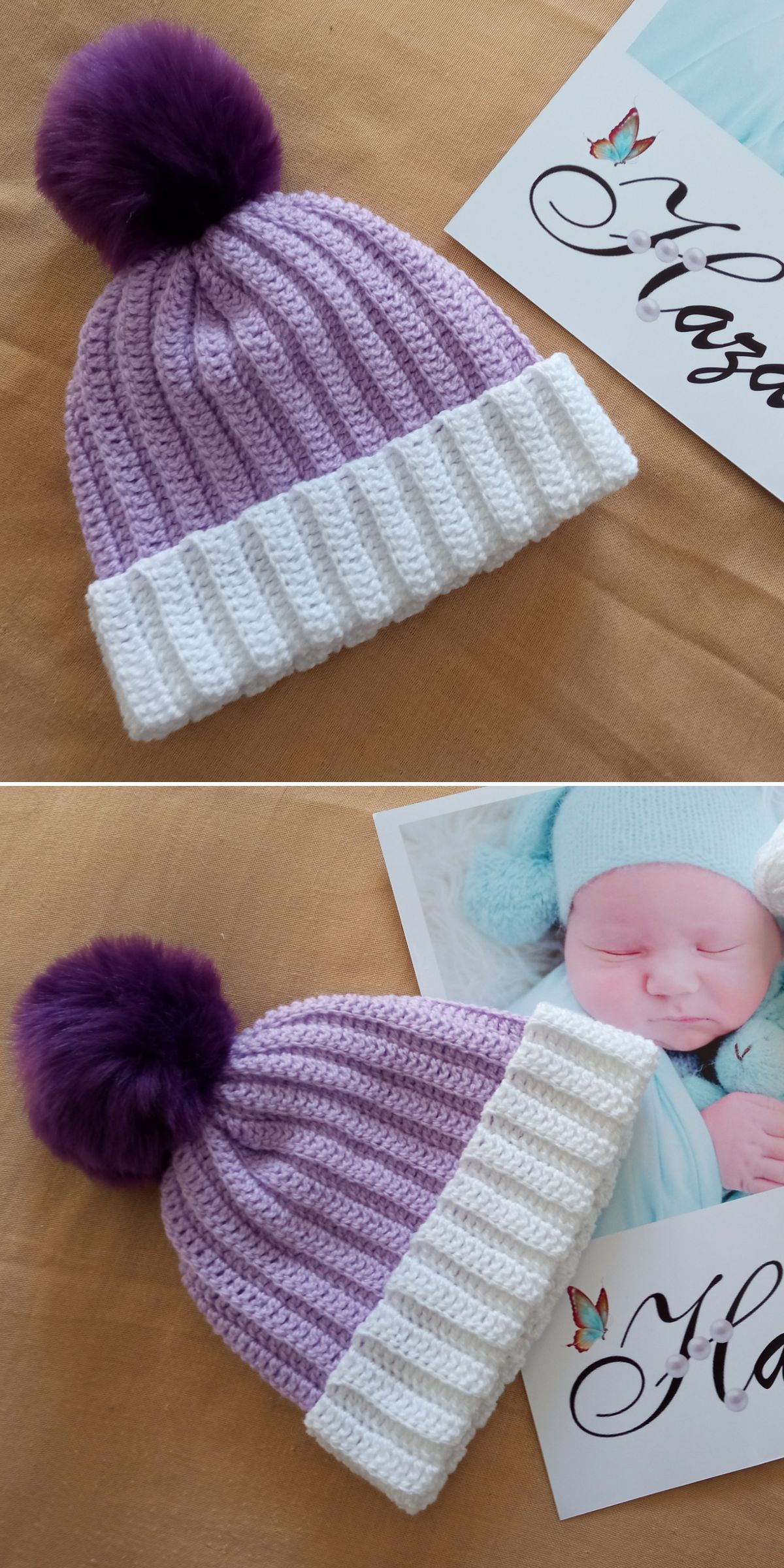 A crochet hat with a white brim, lavender body, and a large purple pom-pom, placed on a tan surface near a printed card with a baby photo.