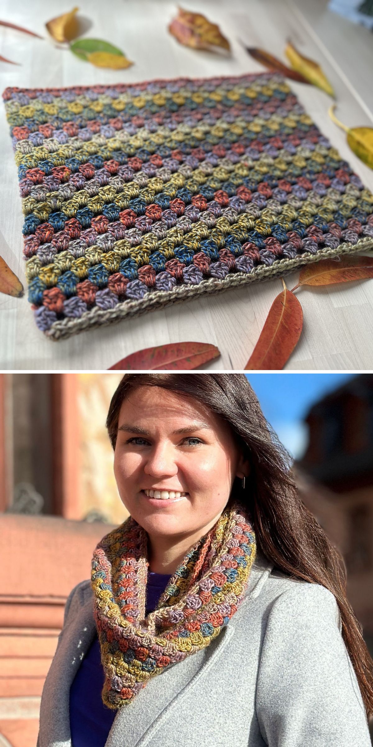 A multicolored crocheted cowl is shown laid flat with autumn leaves, and worn by a woman outdoors over a gray coat.
