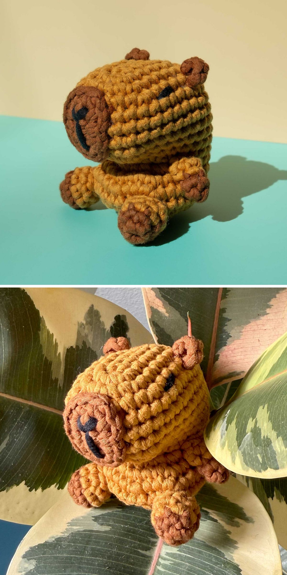 A small crocheted capybara plush toy is shown on a flat surface in the first image and nestled among green leaves in the second image.