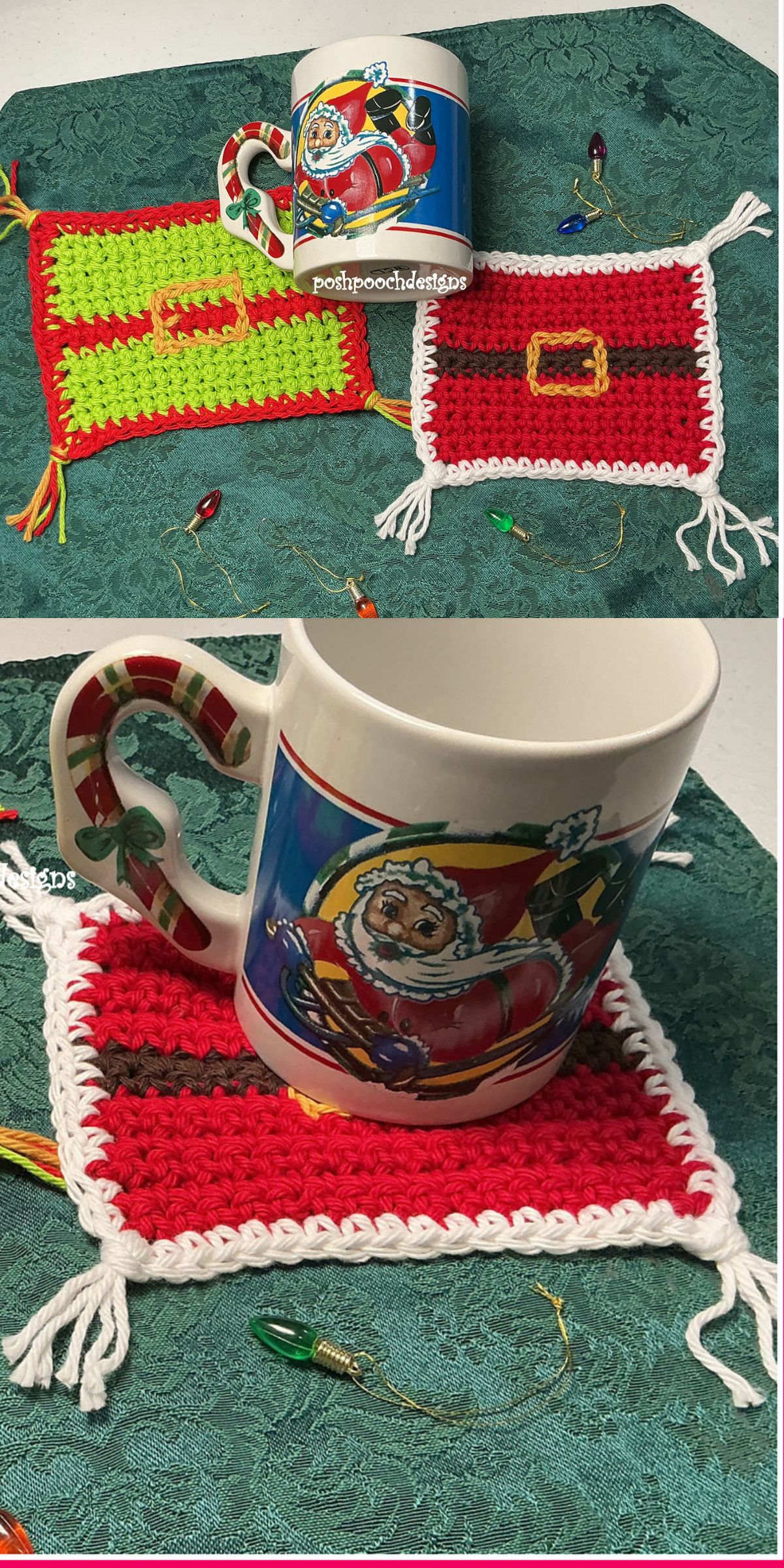 Two photos show crocheted Christmas-themed mug rugs resembling Santa and elf belts, with a Santa mug on a green textured surface decorated with mini string light ornaments.