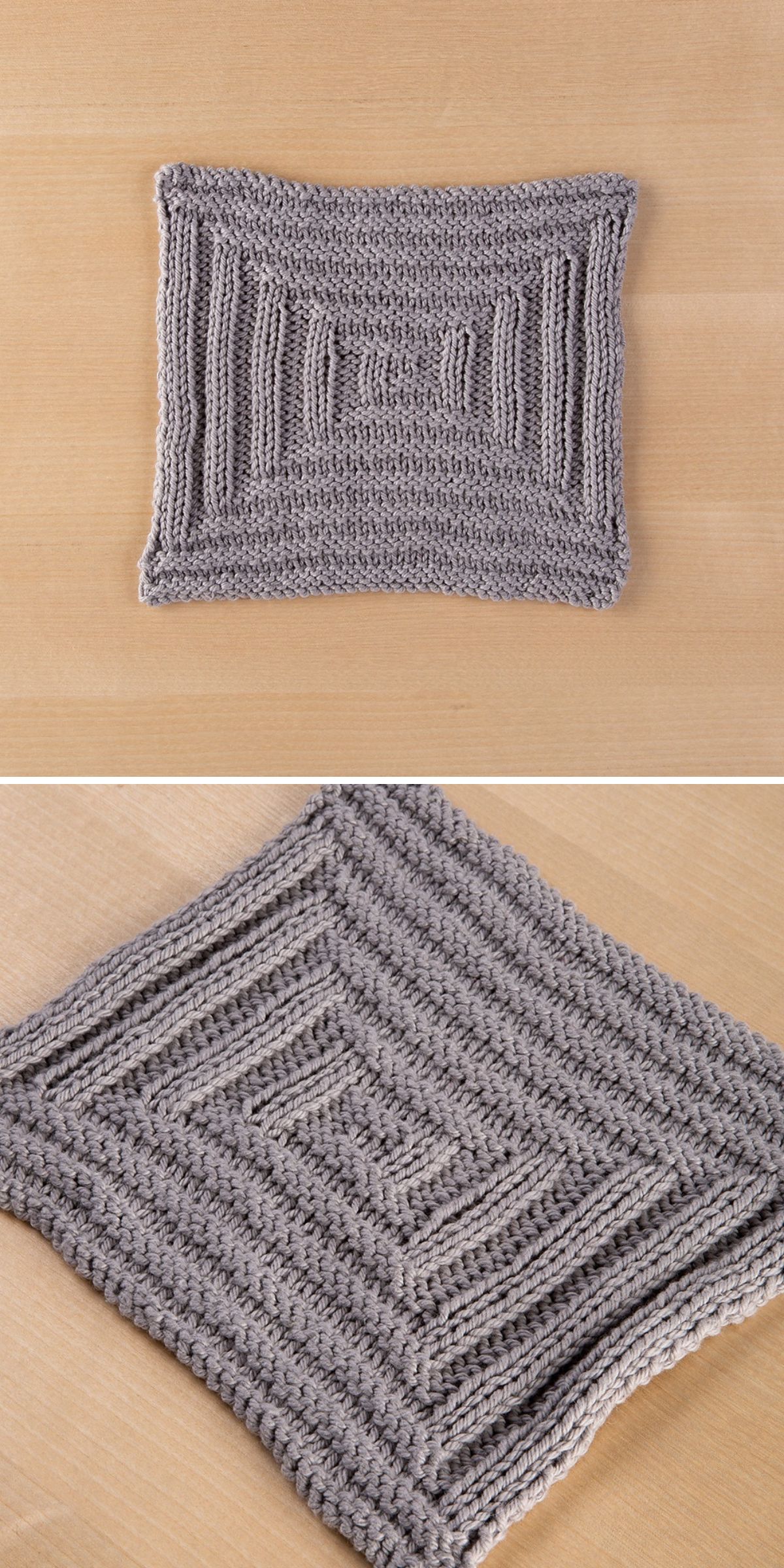 A rectangular gray knitted dishcloth swatch with a textured geometric pattern, shown from a top view and an angled close-up.