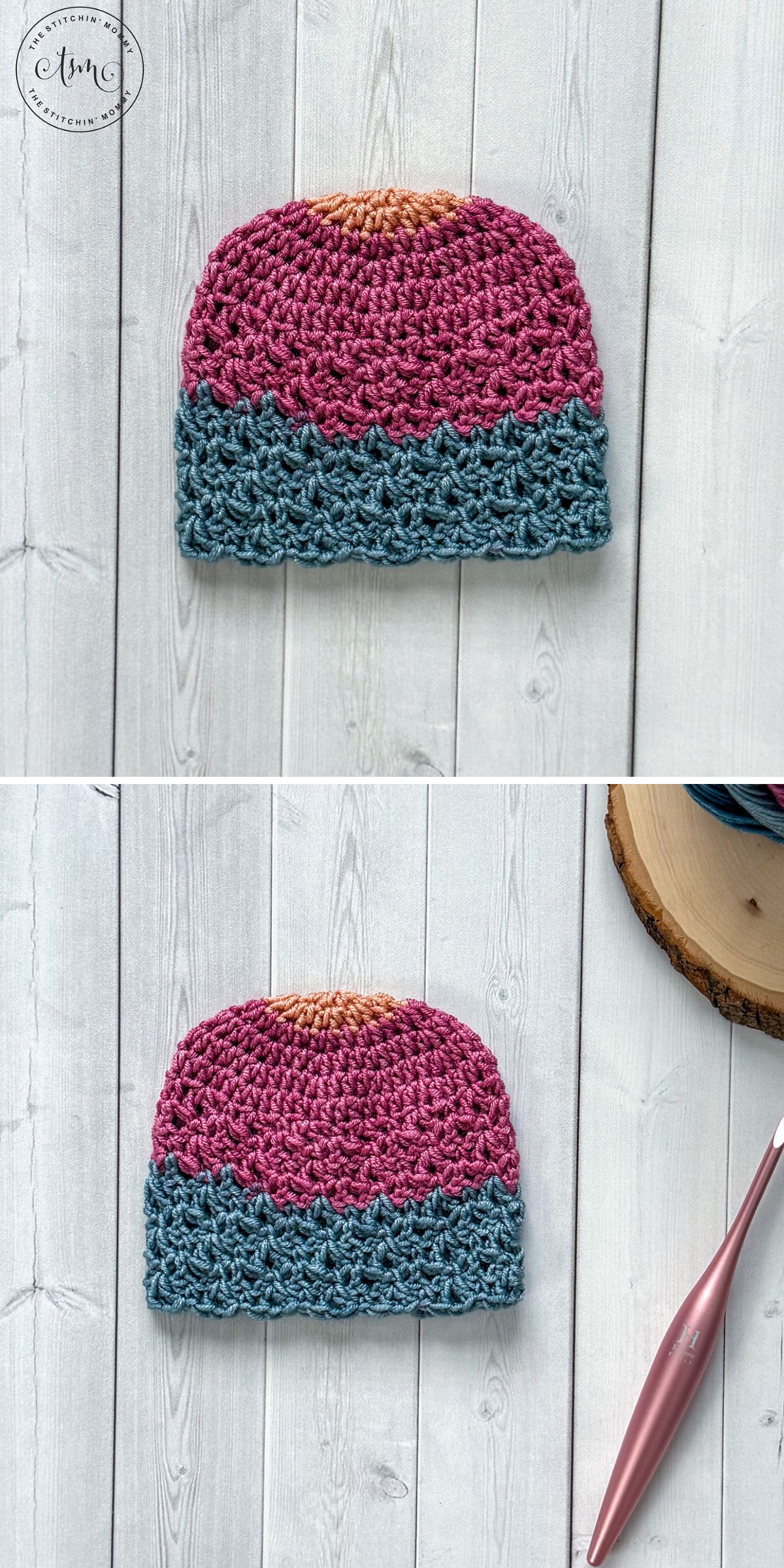 A crochet baby hat with a mustard top, pink middle, and blue bottom is displayed on a light wooden surface. The second image shows a pink crochet hook and a wood slice beside the colorful hat.