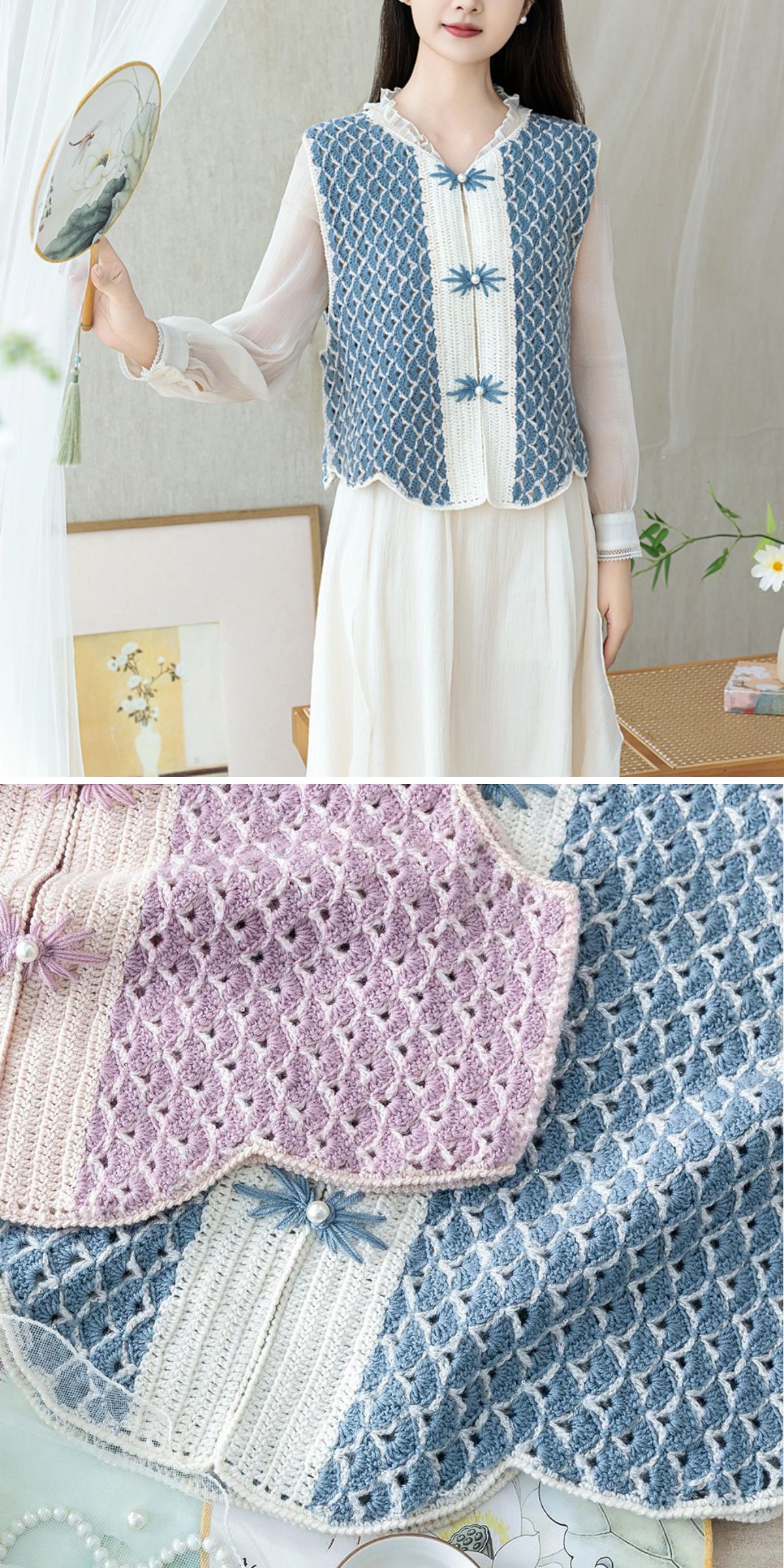 A woman wears a sleeveless blue and white crochet vest over a sheer blouse; close-up highlights the textured pattern and bow accents for added detail.