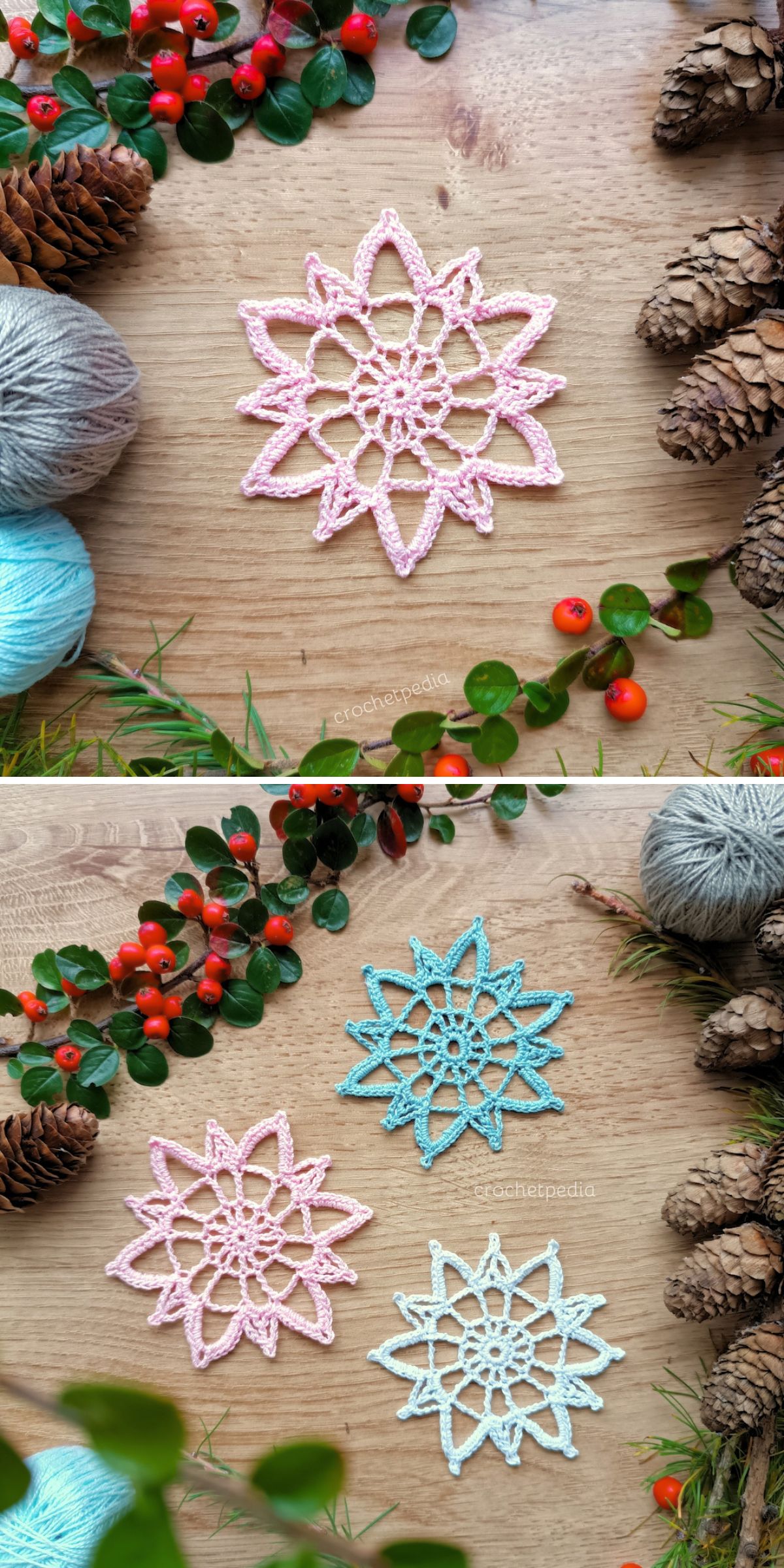 Two photos show completed crocheted snowflakes on a wooden surface, surrounded by yarn, pinecones, and winter berries. The second photo features three crochet snowflakes in blue, white, and pink.