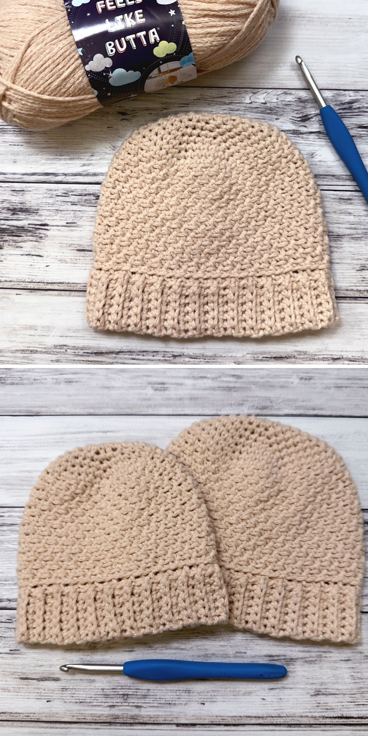 Two beige crocheted hats are displayed on a wooden surface next to a blue crochet hook and a skein of yarn labeled "Feels Like Butta.