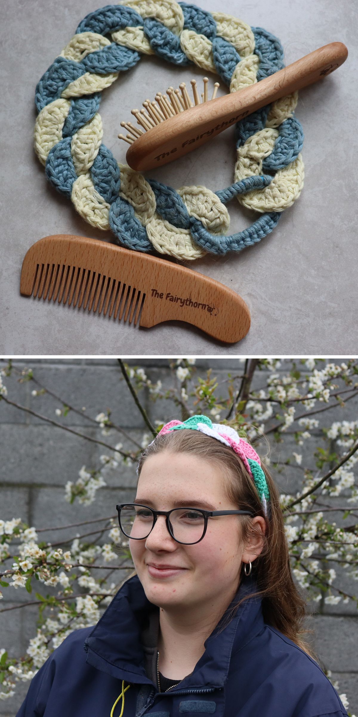 A crochet headband, a wooden hairbrush, and a wooden comb sit on a table; below, a woman wears the crochet headband as she stands outdoors near blossoming branches.