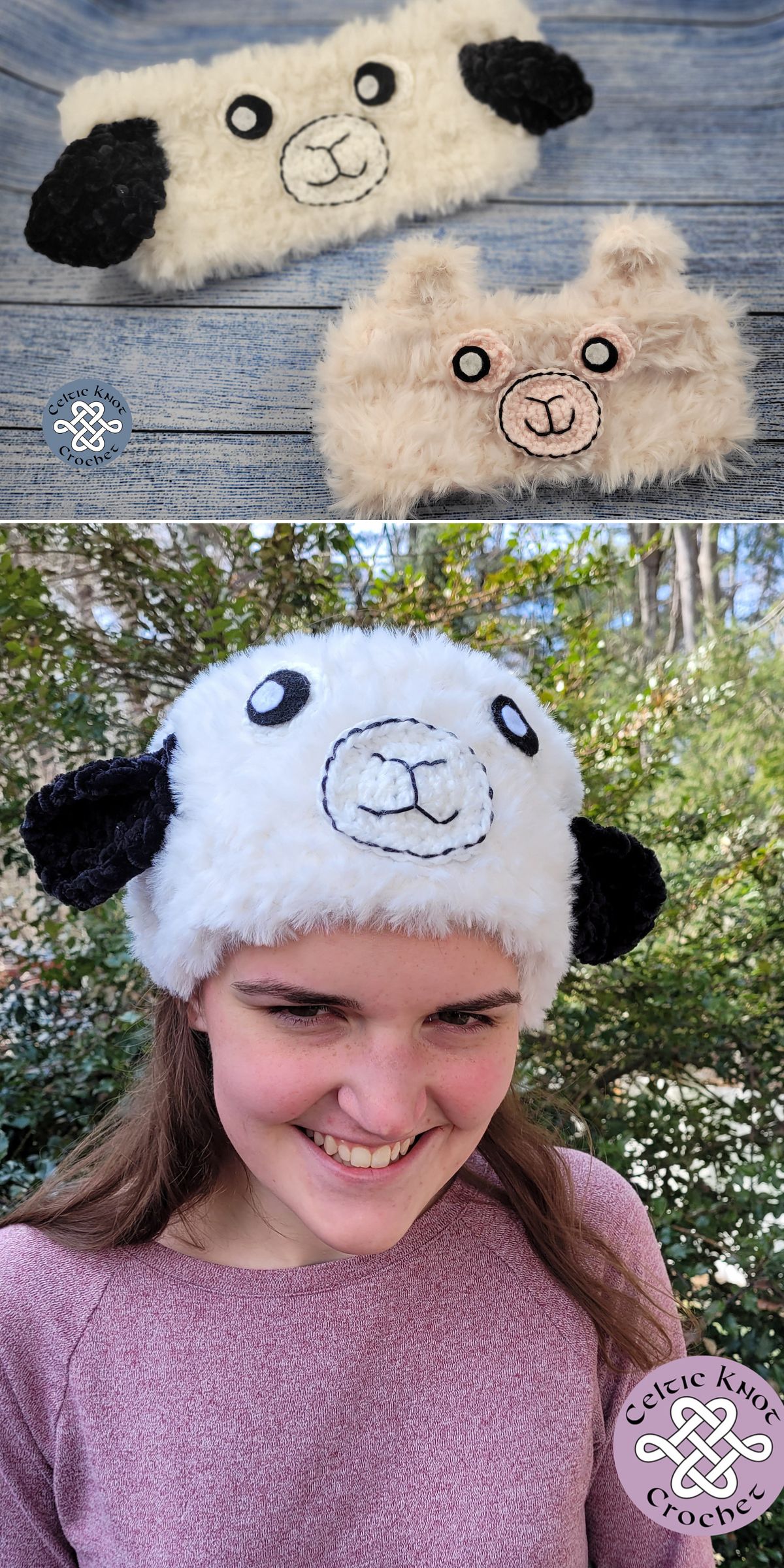 Two crocheted sheep face hats, one in white and one in beige, are shown on a surface. Below, a person wears the white sheep hat outdoors and smiles at the camera, pairing it with a cozy crochet headband.