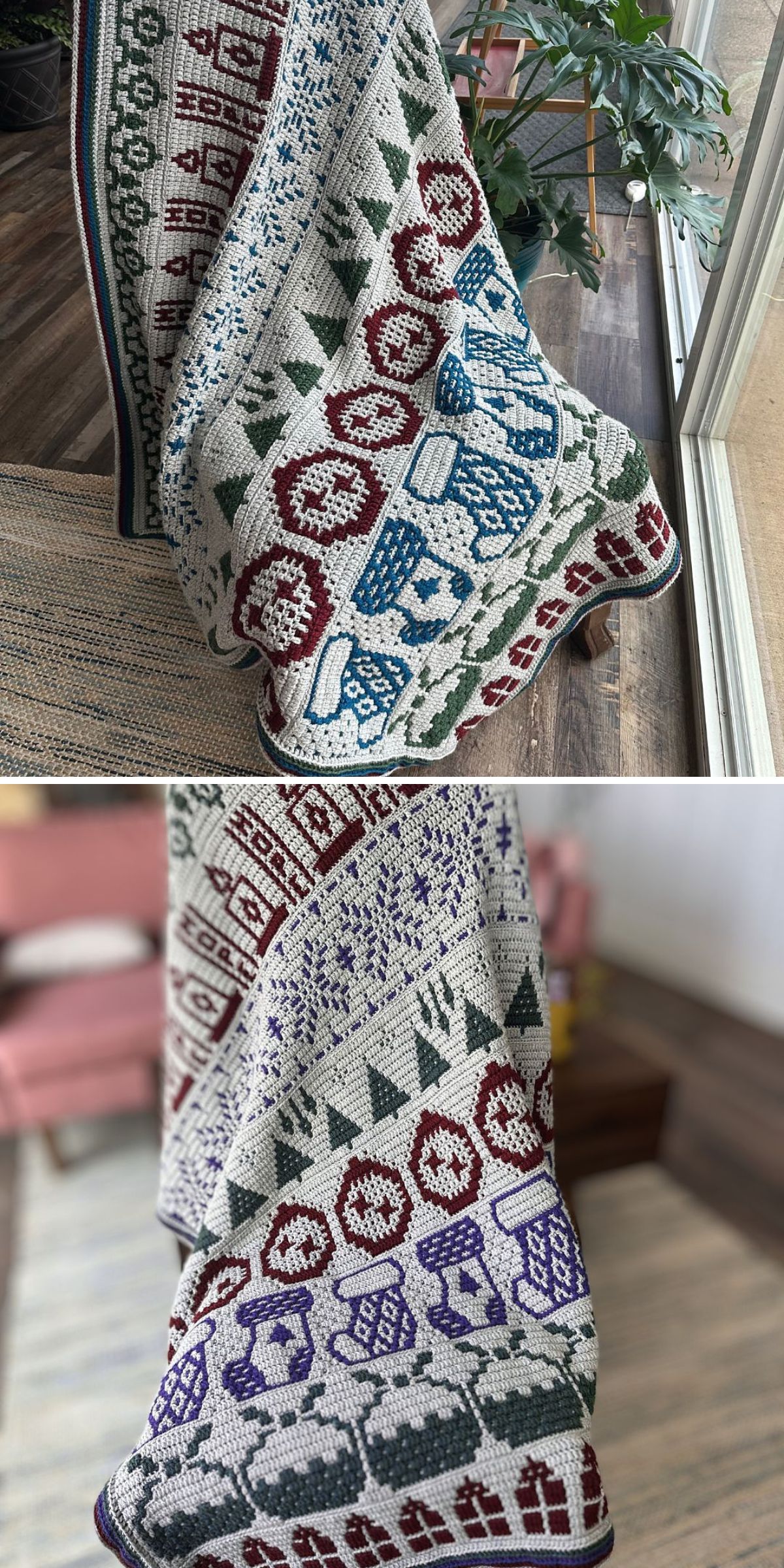 A crochet blanket draped over a chair features rows of geometric and Christmas crochet blanket-inspired holiday patterns in blue, green, red, and purple. A plant and window are visible in the background.