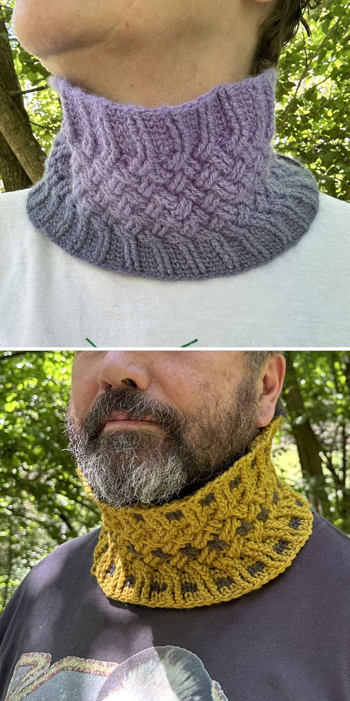Two people outdoors wear crochet neck warmers; the top warmer is purple and gray, and the bottom warmer is yellow with brown accents.