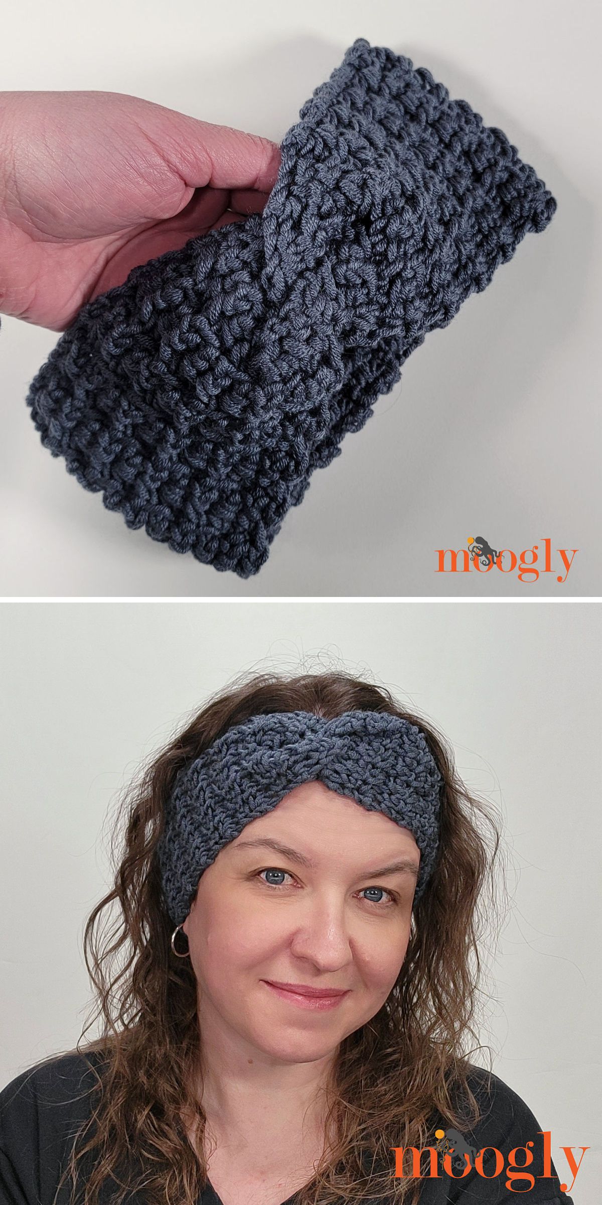 Two images show a dark blue crochet headband: one held in a hand, and the other worn by a woman with curly hair. Both feature the "moogly" logo.