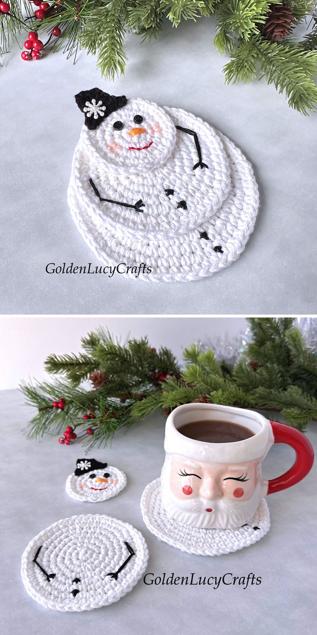 Two crocheted snowman coasters, one with a decorated face and hat and one showing only stick arms, displayed with a Santa mug and holiday greenery.