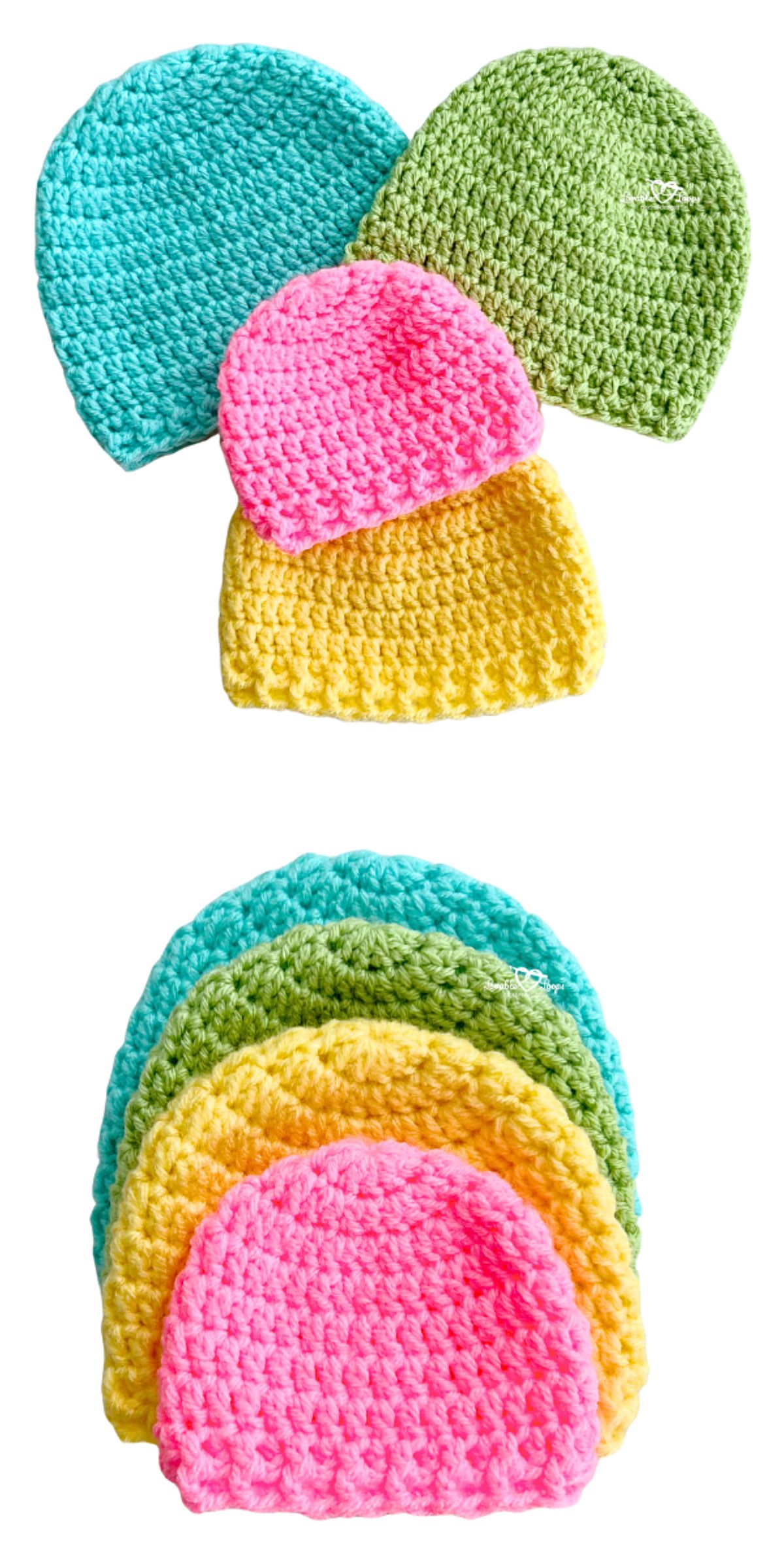 Five crochet baby hats in pink, yellow, green, and turquoise are displayed in two arrangements on a white background.