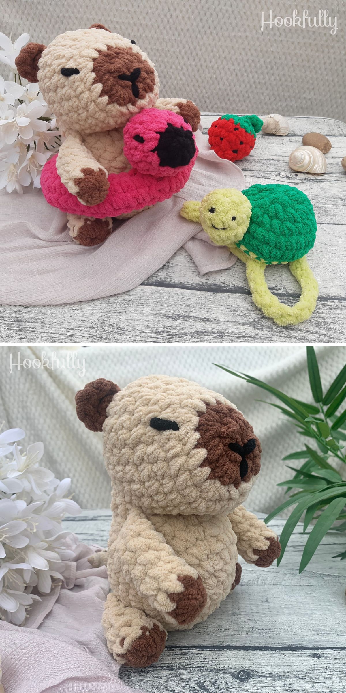 Two photos of a crocheted capybara plush; first photo shows the capybara with a pink flamingo float and a turtle and strawberry plush, second photo shows the capybara sitting alone.