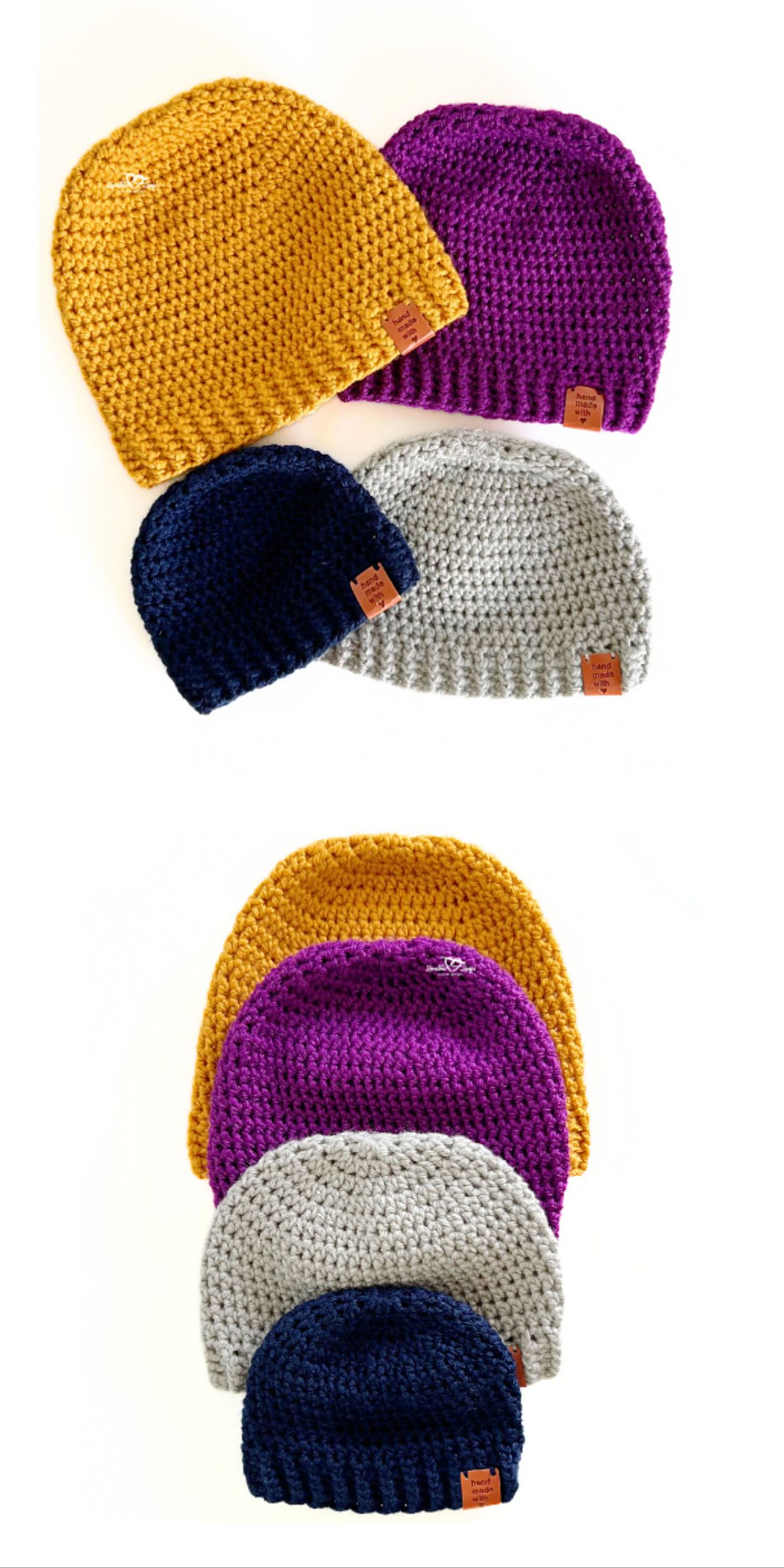 Five crochet beanies, including crochet baby hat styles, in yellow, purple, navy blue, and gray are arranged in two groups on a white background. Each beanie features a small brown tag.