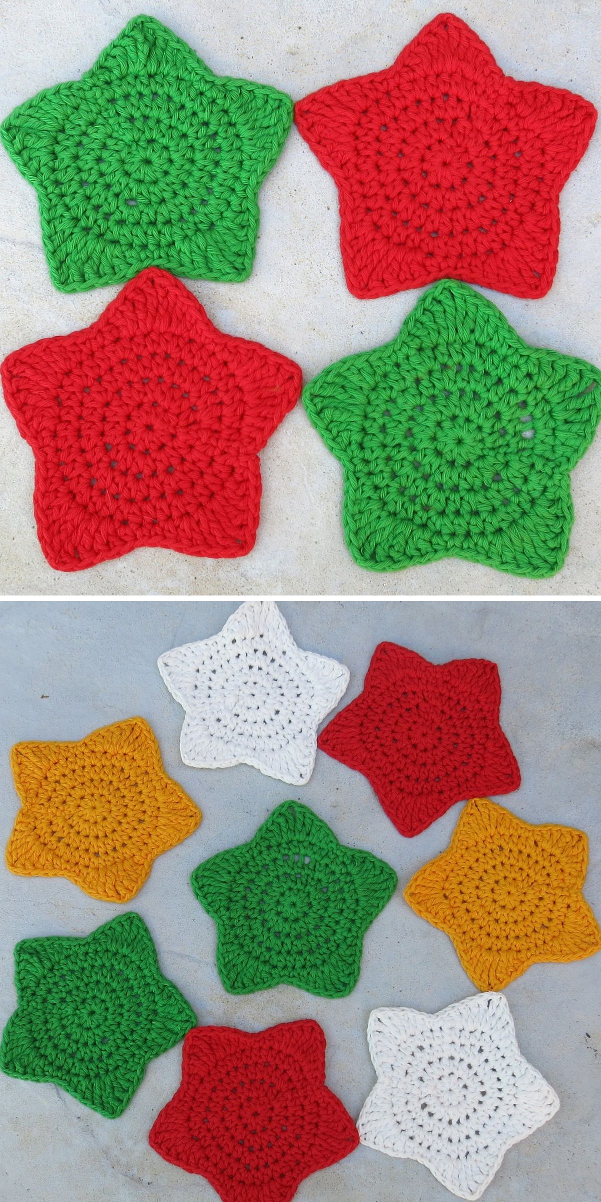 Crocheted star-shaped coasters in green, red, white, and yellow are displayed on a flat surface in two groups.