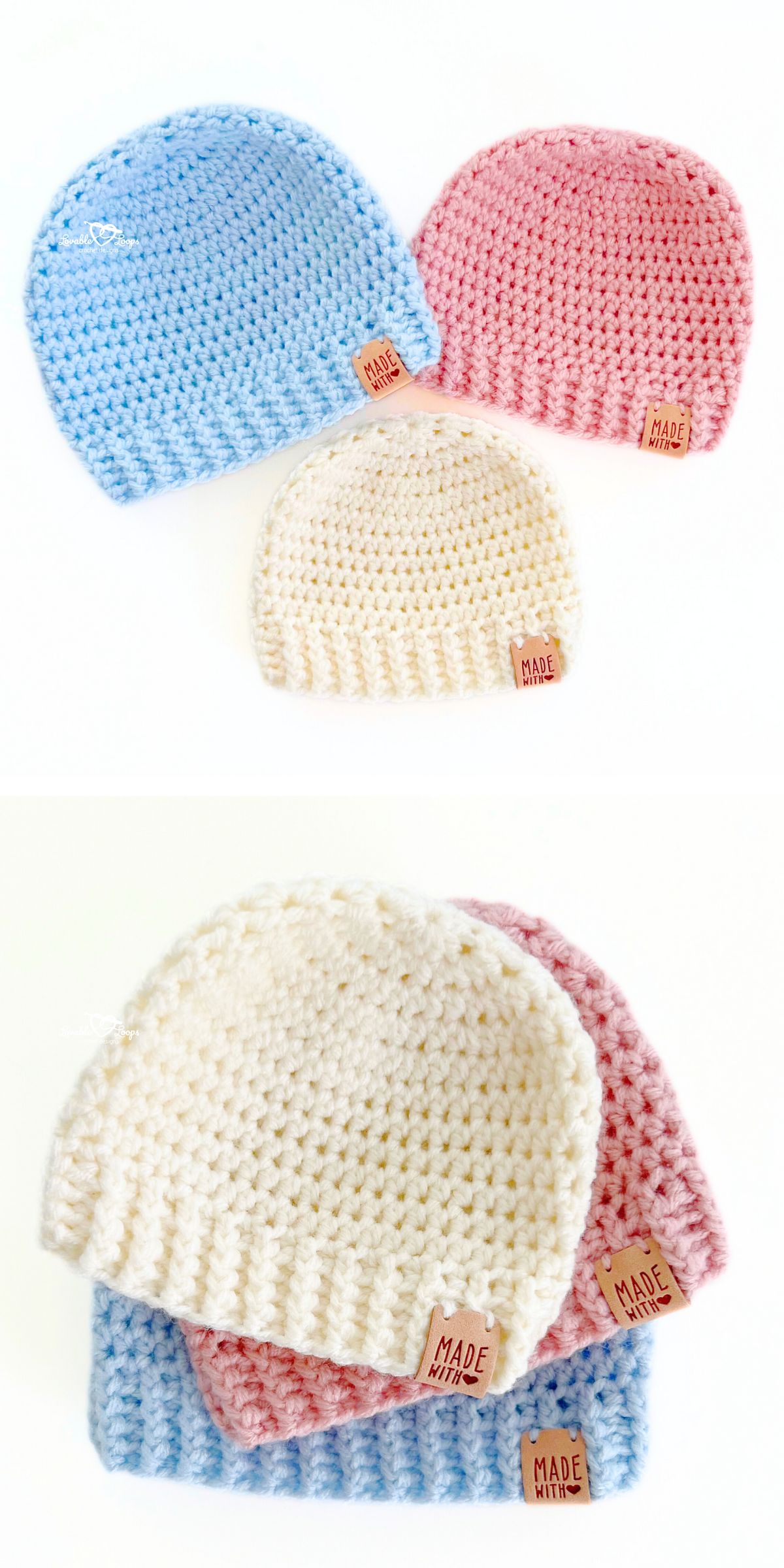 Three crocheted beanies — one blue, one pink, and one cream — are displayed with "MADE" tags in two different arrangements.