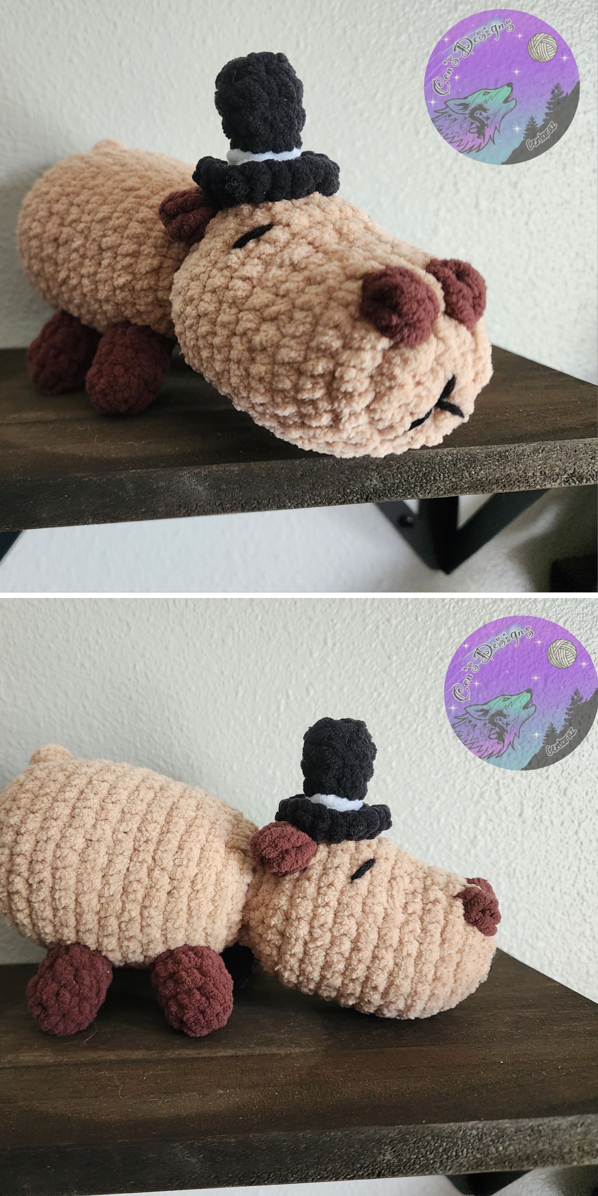 A crocheted capybara plush with a small black top hat lies on a wooden shelf; the second image shows it in a standing position. Stickers are visible in the background.