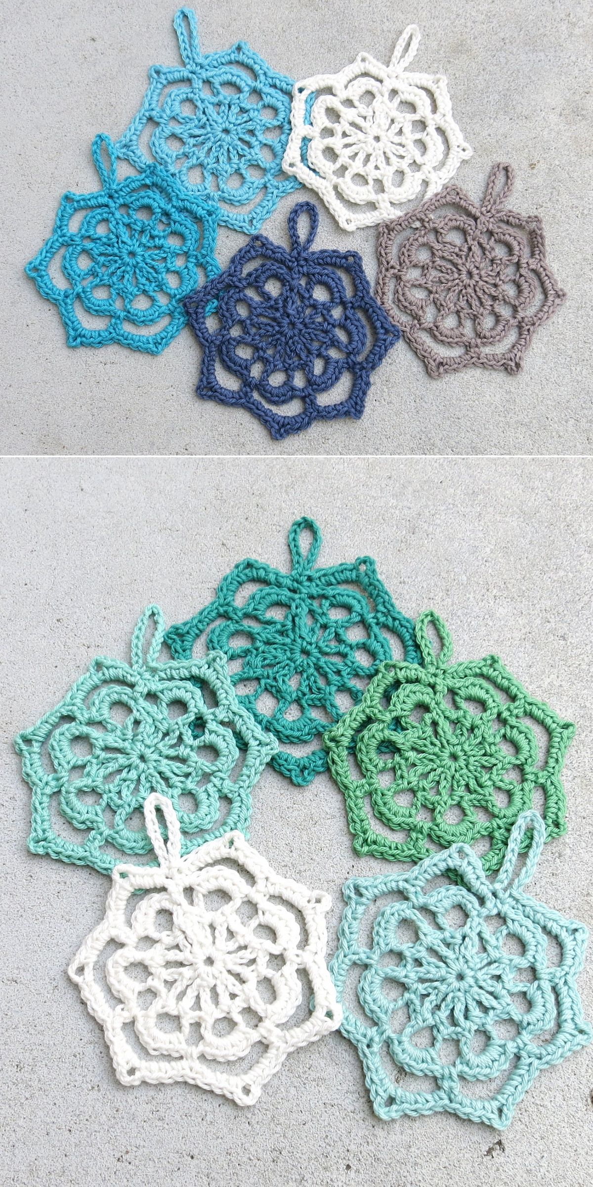 Crocheted snowflake coasters in blue, white, gray, and green tones are arranged on a concrete surface in two groups.
