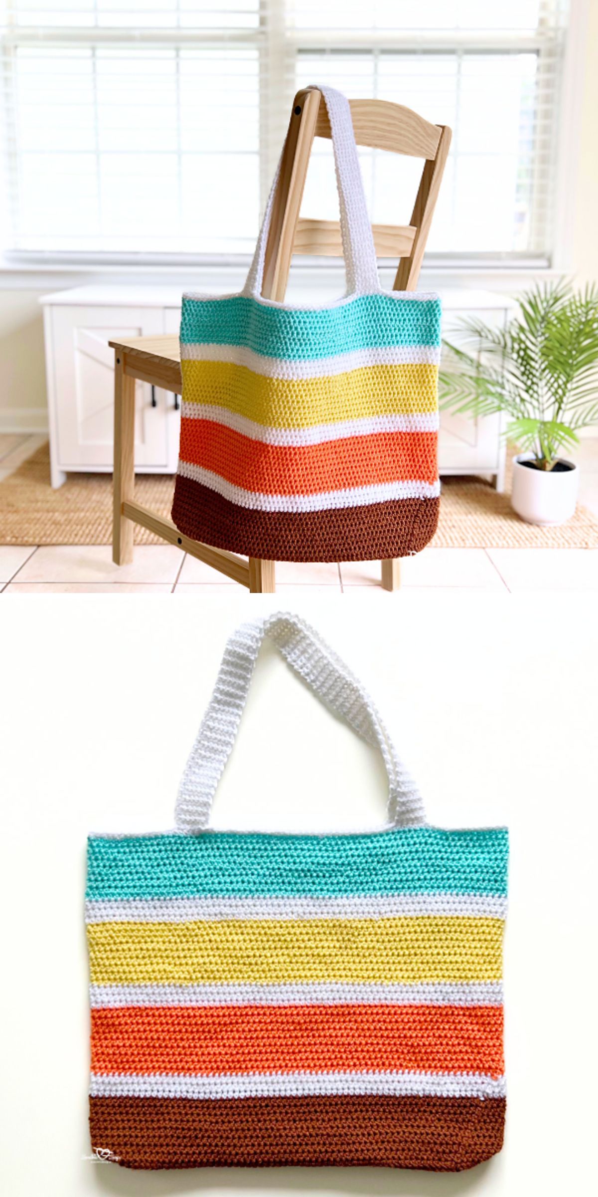 A Crochet Market Bag with horizontal stripes in teal, yellow, orange, and brown, features white handles. Displayed on a chair and against a white background, it’s perfect for shopping or everyday use.
