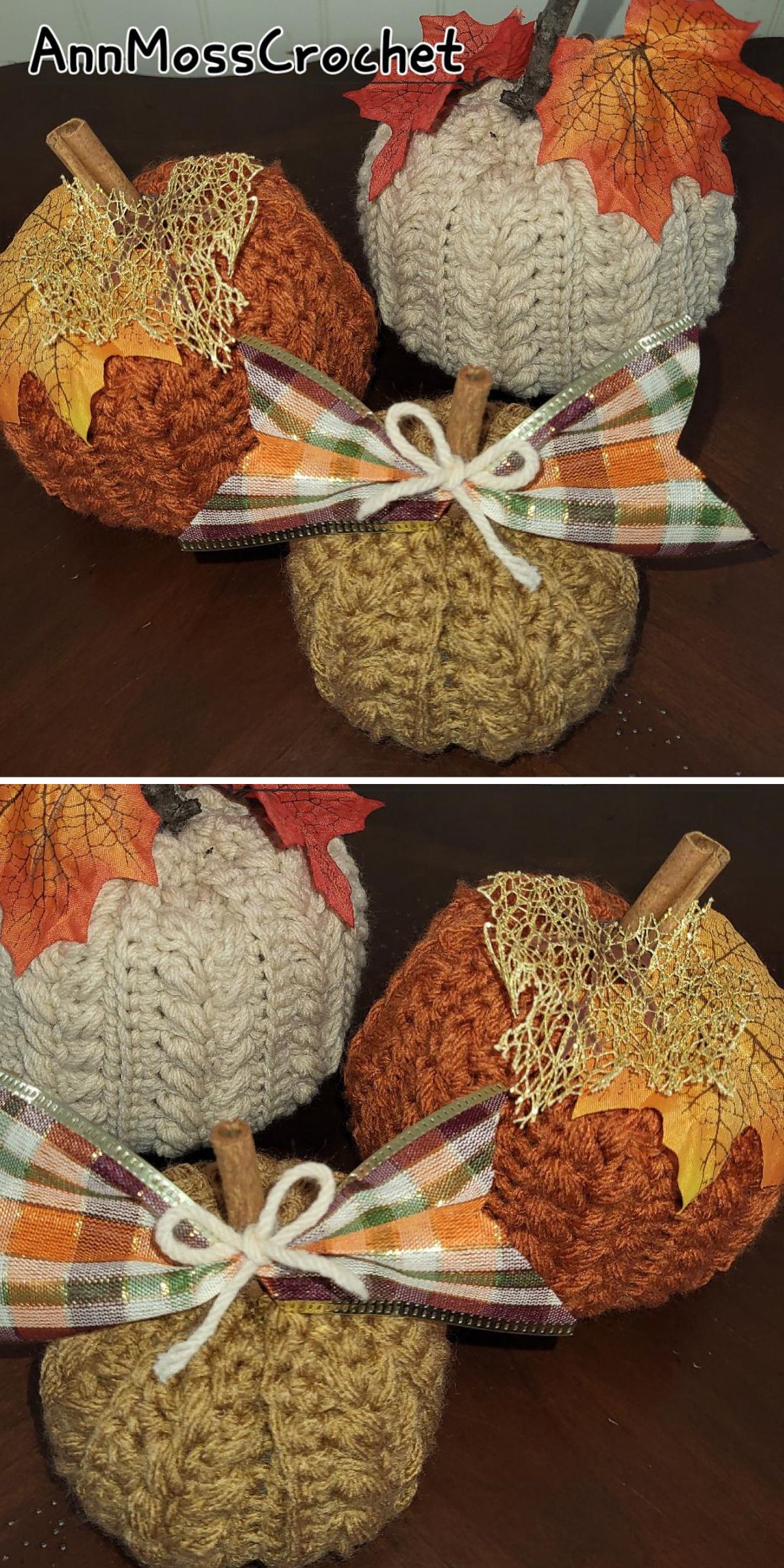 Three crochet pumpkins adorned with autumn leaves and ribbon decorations are arranged on a dark surface.