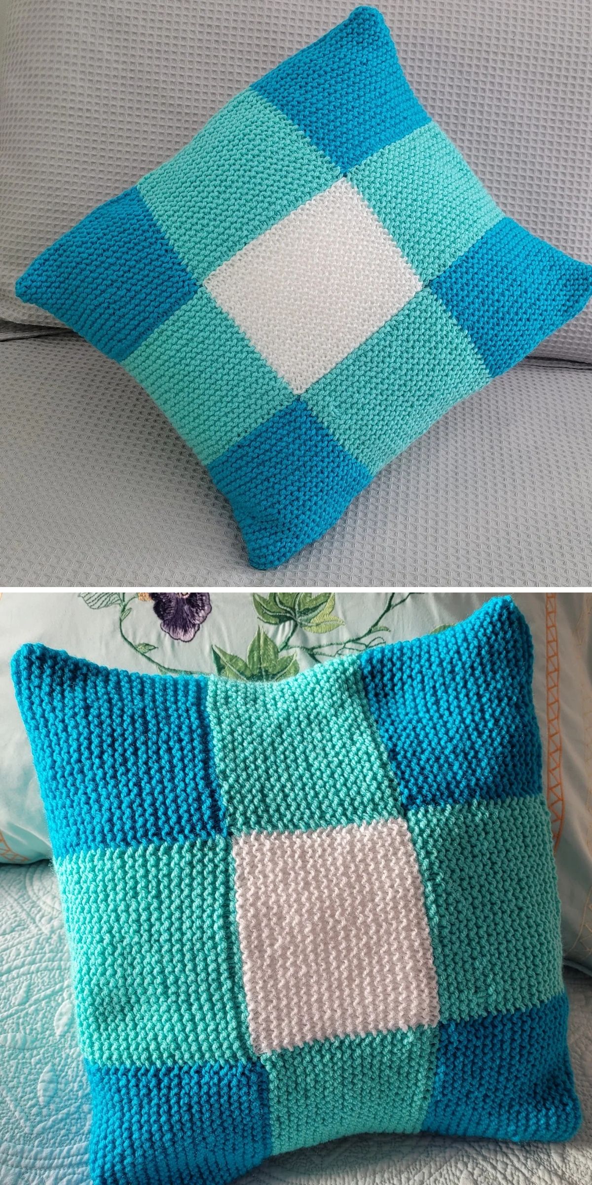 Two photos of square knit pillows featuring a checkerboard pattern in shades of blue, turquoise, and white are displayed on textured fabric surfaces, showcasing the unique charm of each knit pillow.