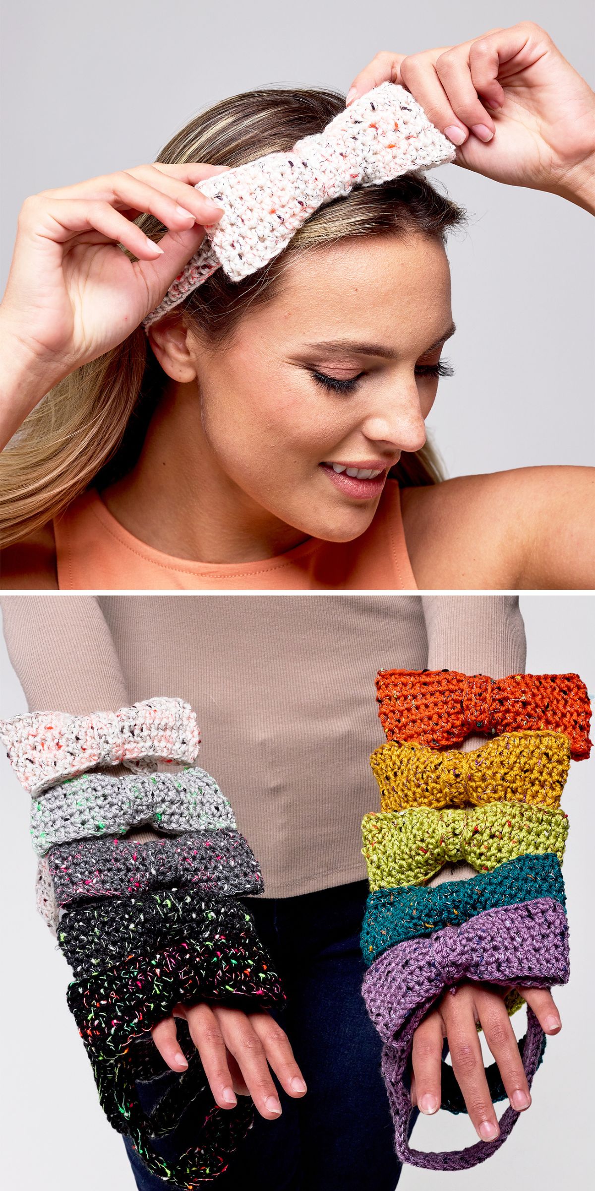 A woman wears a crochet headband with a bow; below, she displays eight colorful crocheted bow headbands on her arm.