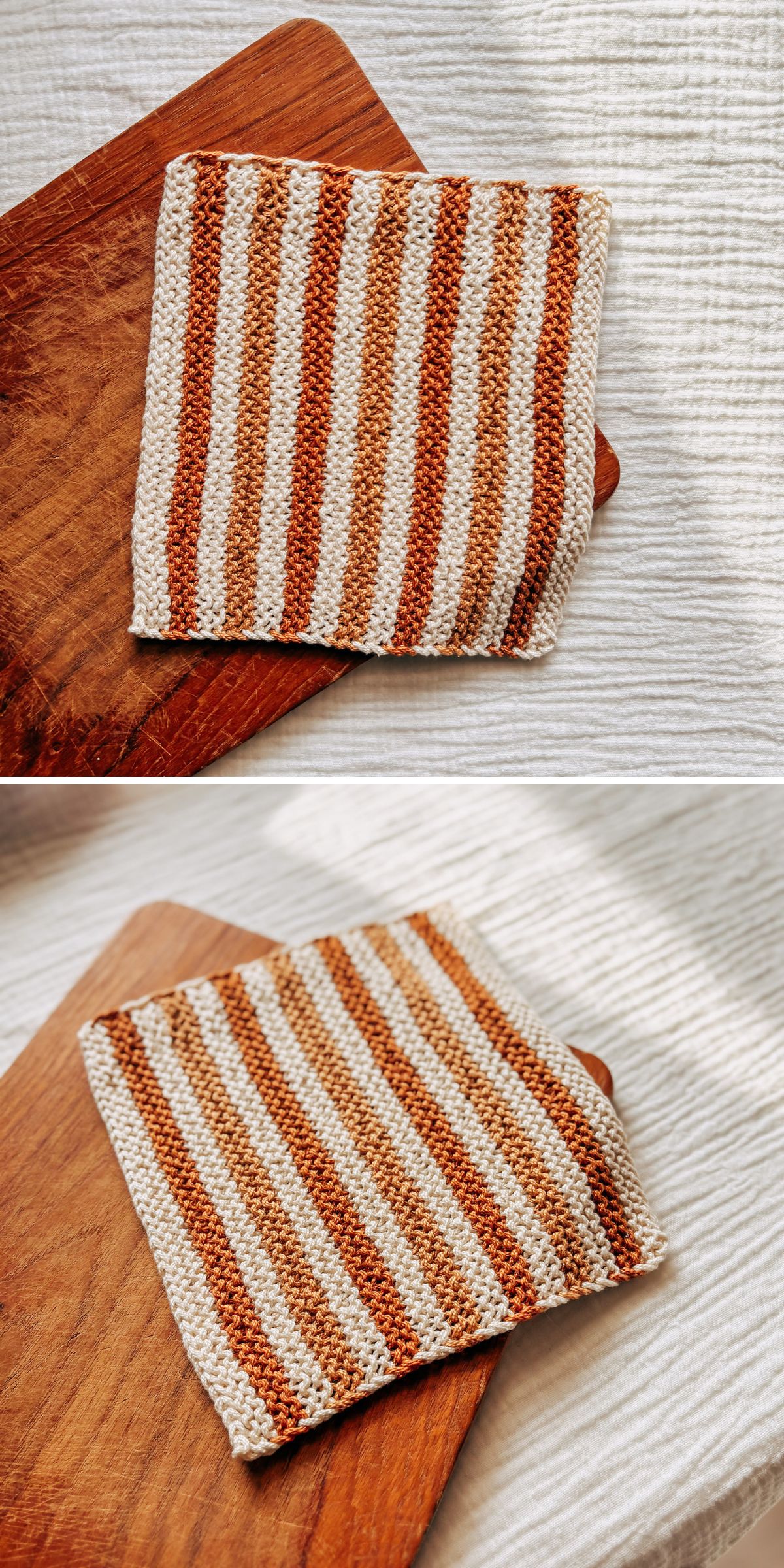 A knitted dishcloth with alternating brown and beige stripes is placed on a wooden board on a white textured fabric background.