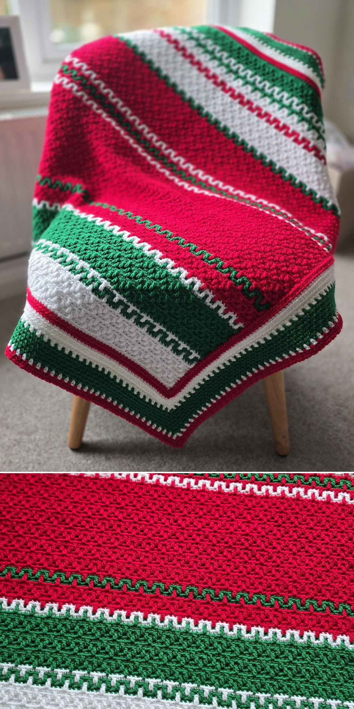 A crocheted Christmas crochet blanket in red, green, and white stripes drapes over a wooden chair. A close-up shows the textured stitch pattern and festive alternating colors.