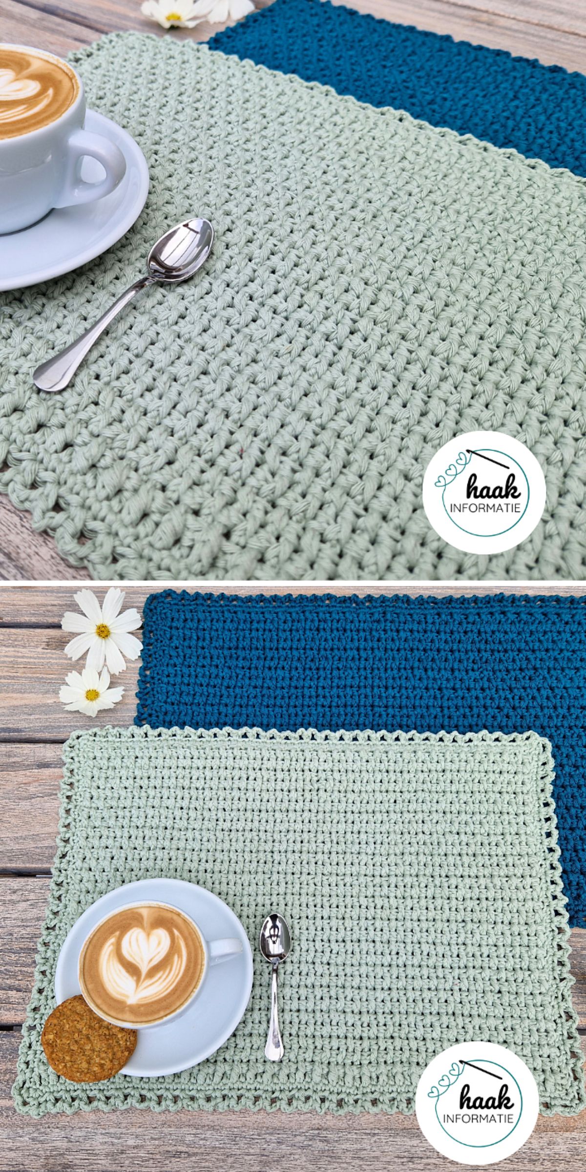 two rectangular crochet placemats with a cup of cappuccino on them