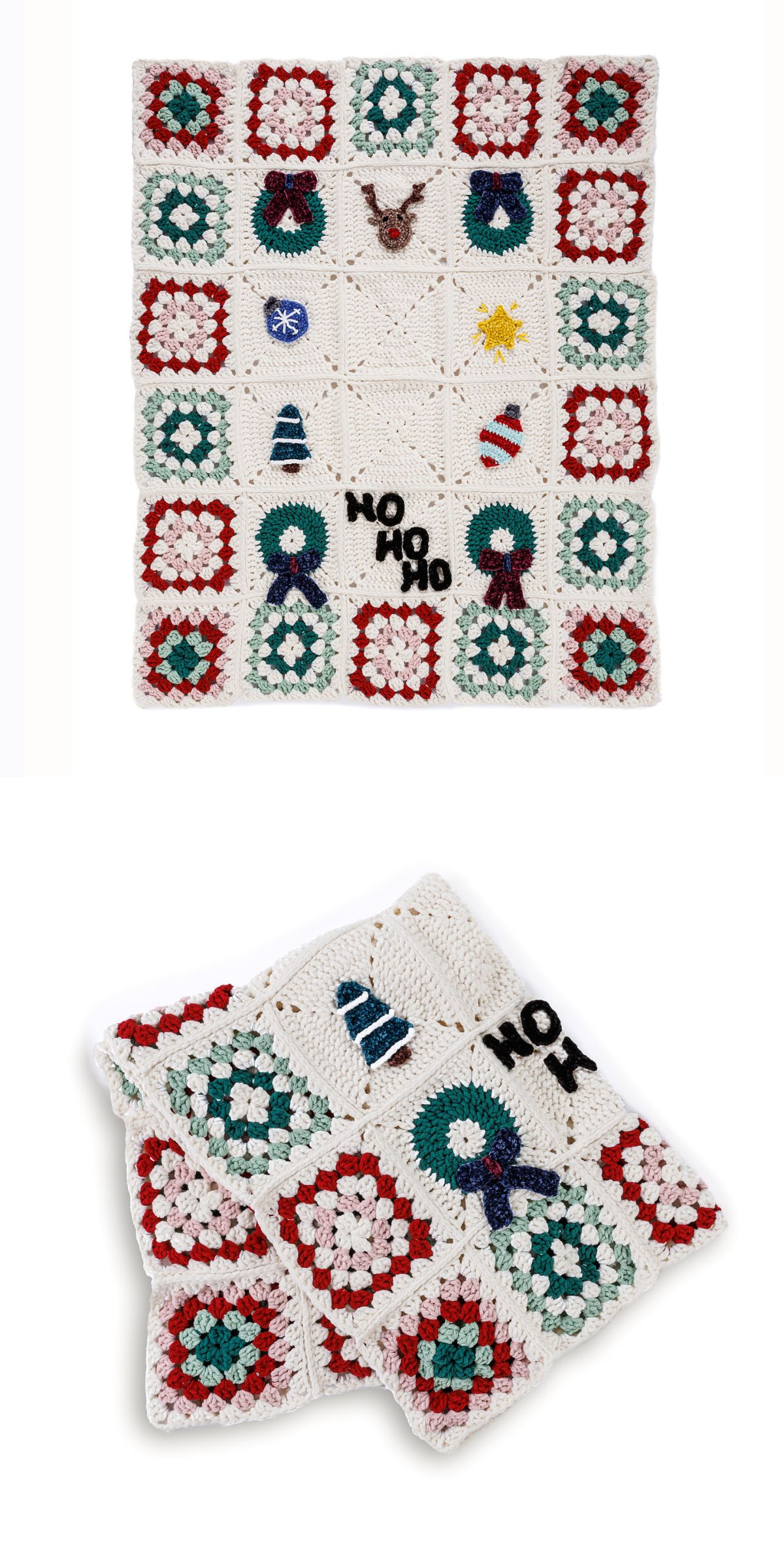 Two Christmas crochet blankets feature red, green, and white granny squares adorned with festive decorations such as reindeer, hats, wreaths, and the cheerful text "HO HO HO.