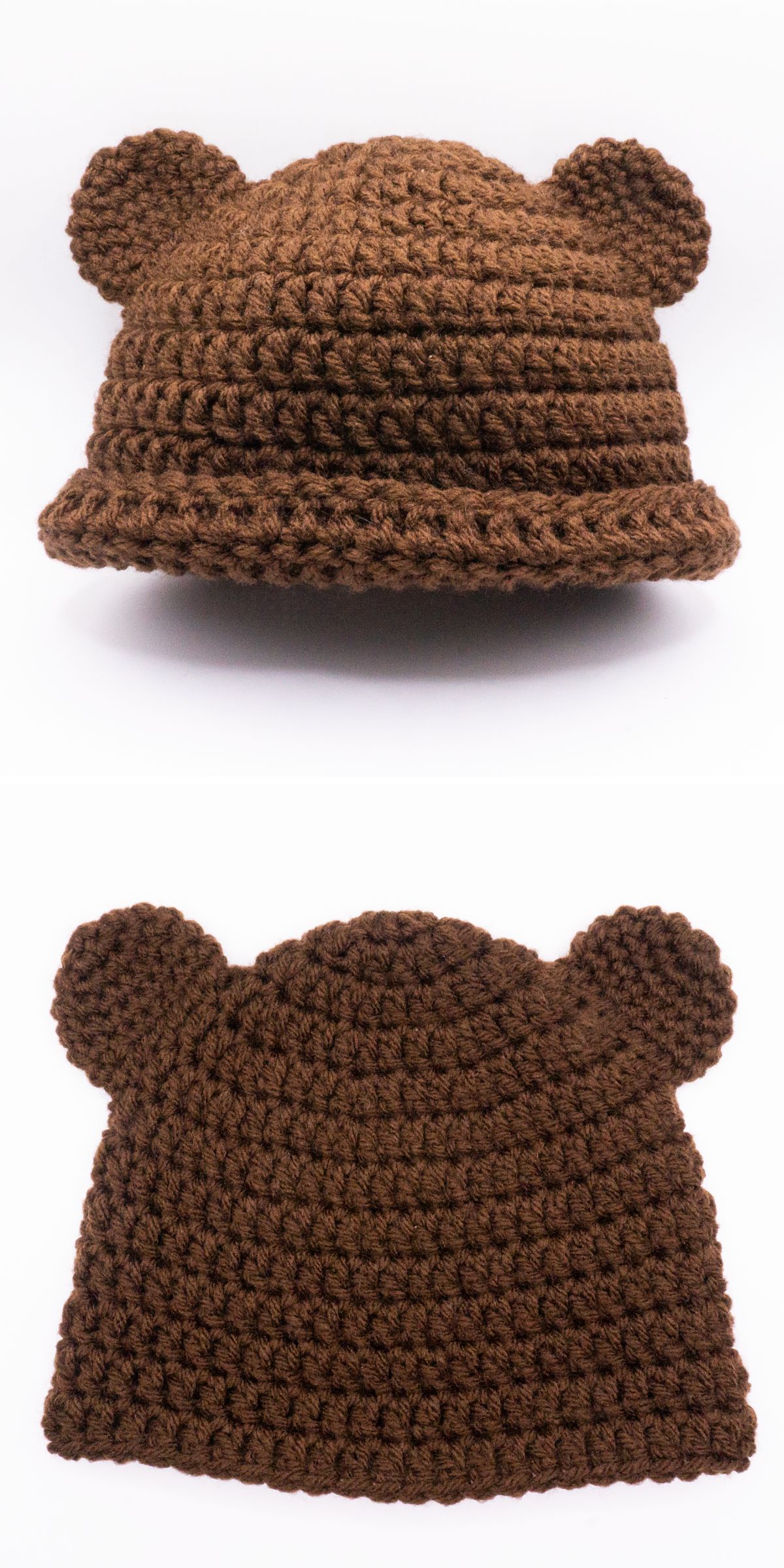 A brown crocheted hat with two rounded bear ears, shown from front and back views against a white background.