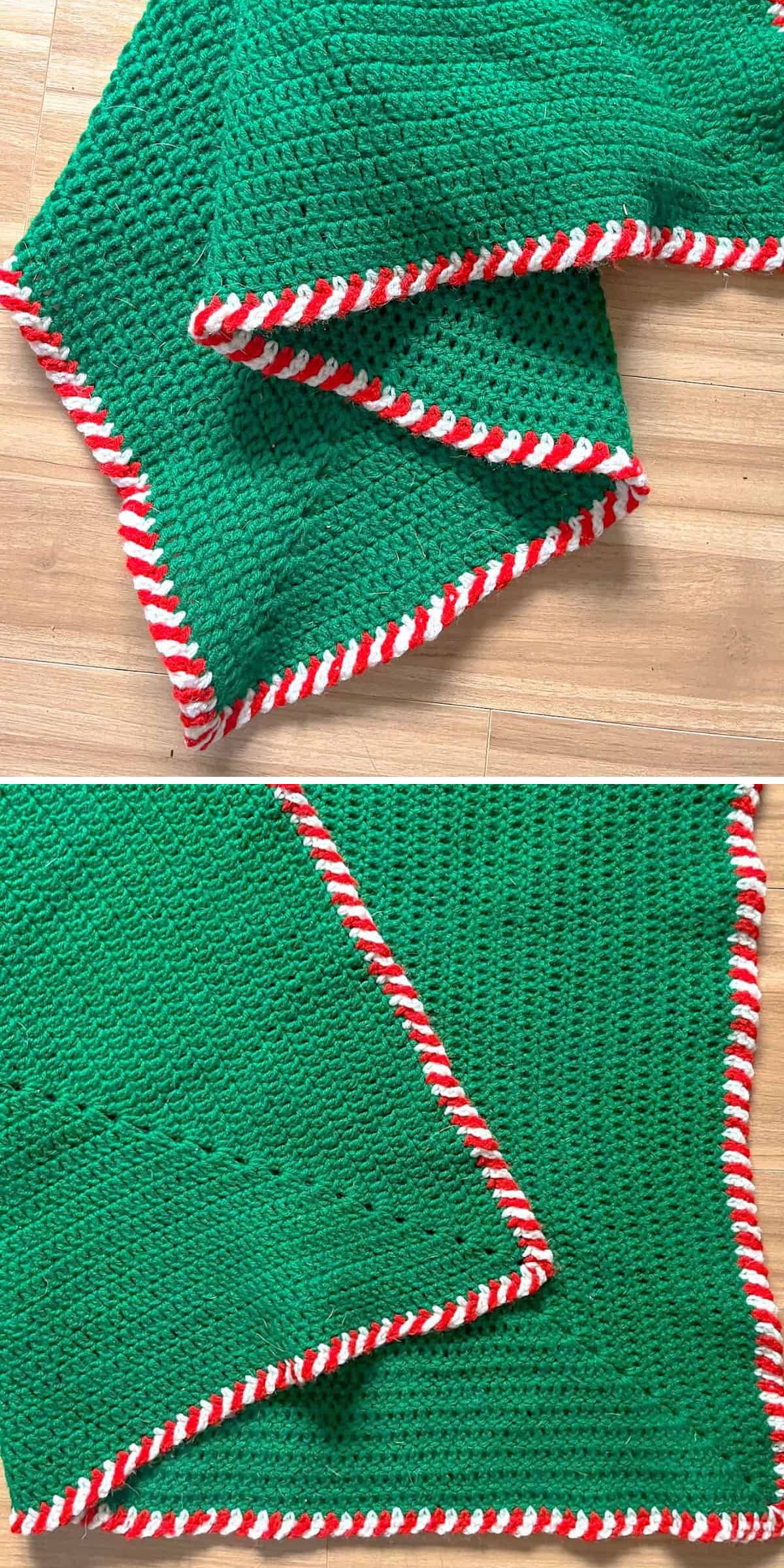 A green crocheted blanket with a red and white striped border, resembling candy cane ornament, perfect for Christmas crochet blankets, is laid out on a wooden floor.