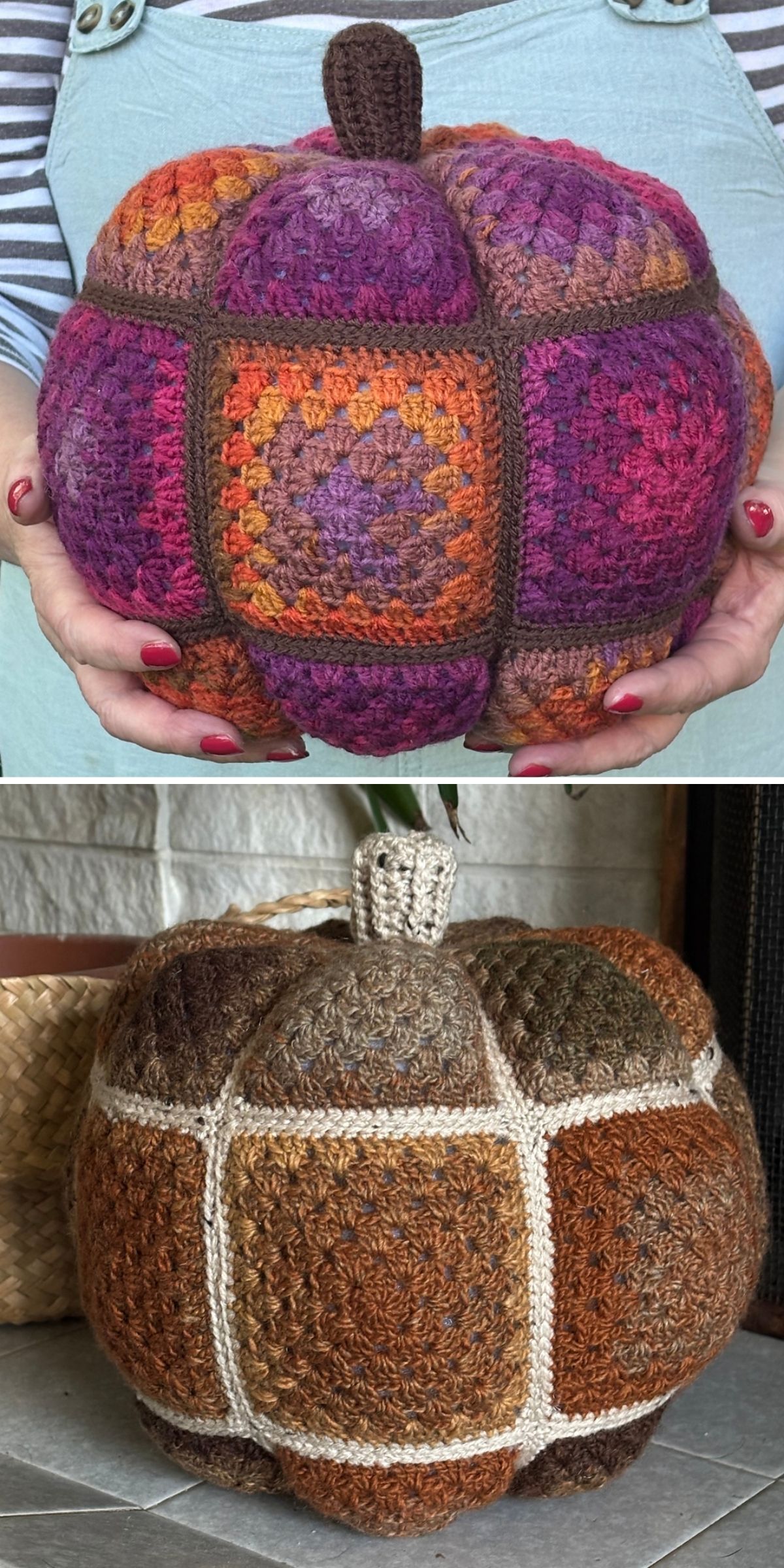 Two crocheted pumpkins made of joined granny squares: the top one in shades of orange and purple, the bottom one in shades of brown and tan.