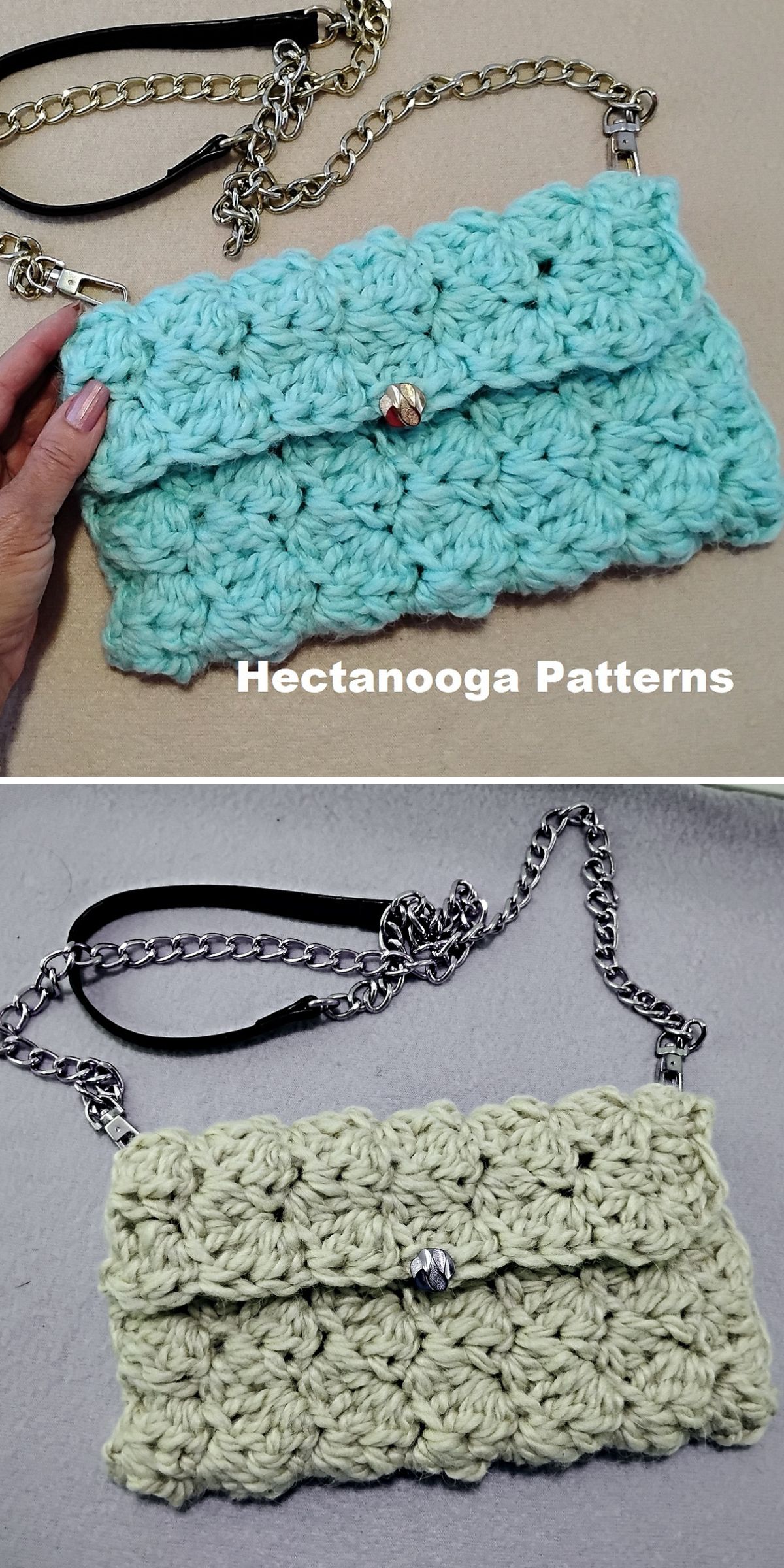 Two crochet clutch purses with chain straps, one light blue and one pale green, each featuring a button closure. The text "Hectanooga Patterns" appears below the blue purse.